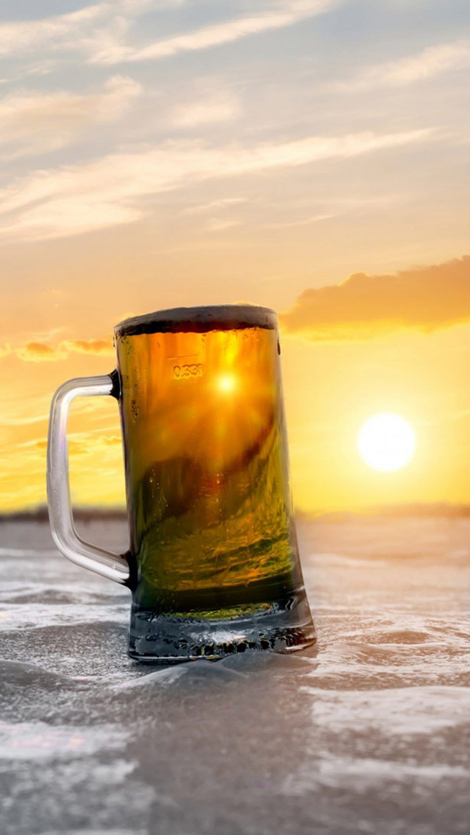 Bierkrug, Sonnenuntergang, Gegenlicht, Eis, Hochformat, HD, Hintergrundbild fürs Handy