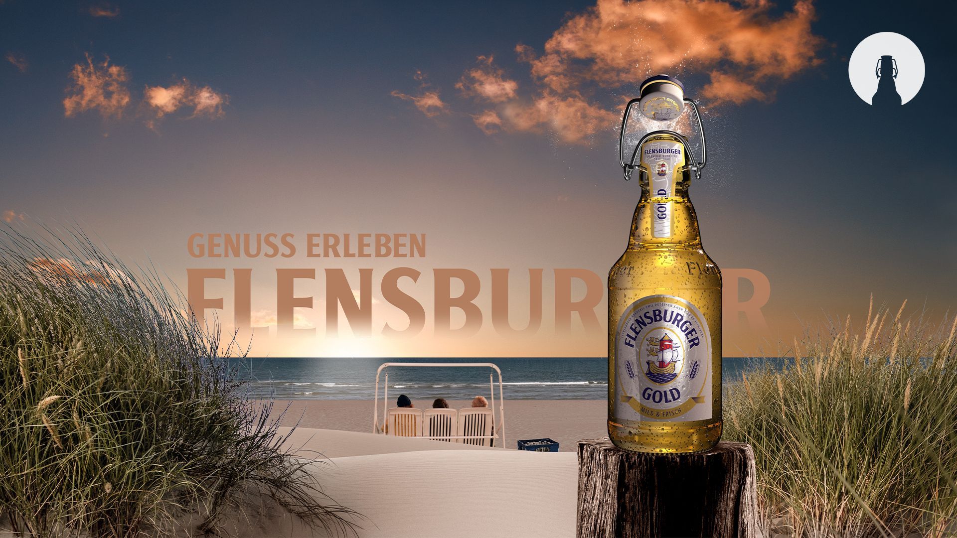 Flensburger Gold, Flensburger, Bügelflasche, Strand, Dünen, Werbung, 1920x1080, PC-Hintergrundbild