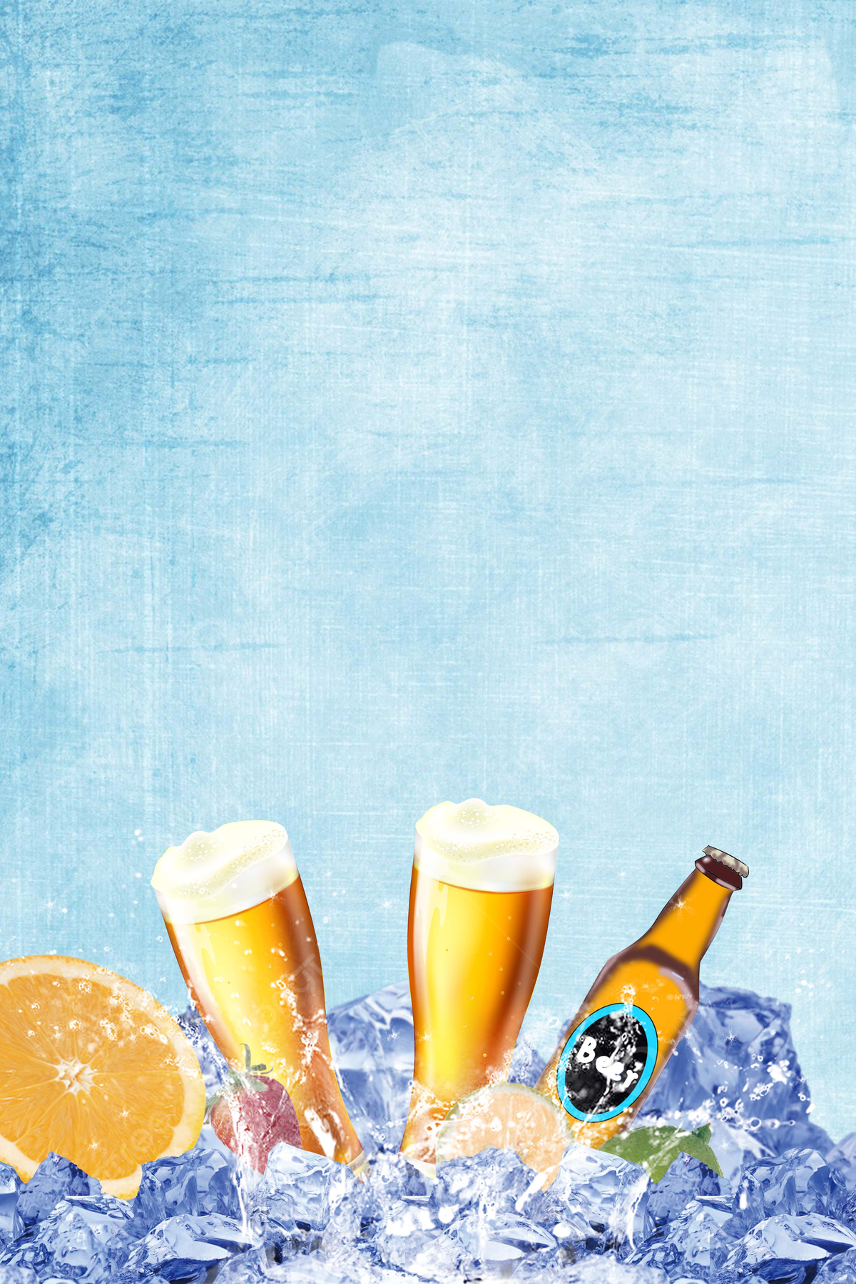 Biergläser, Bierflasche, Eiswürfel, Orange, Hellblauer Hintergrund, Sperrbildschirm fürs iPhone
