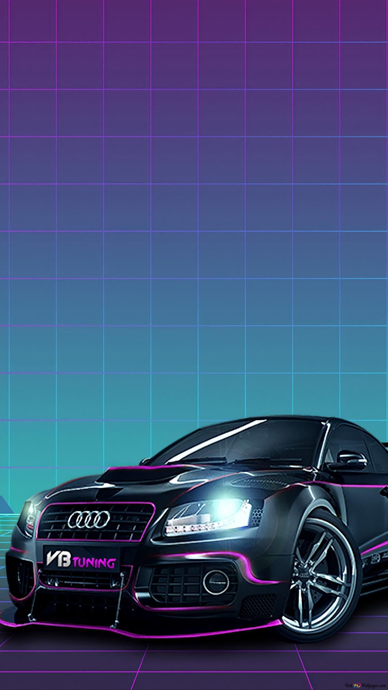 Audi RS, Synthwave, Neon, Lila Hintergrund, Digitale Kunst, Sperrbildschirm fürs iPhone