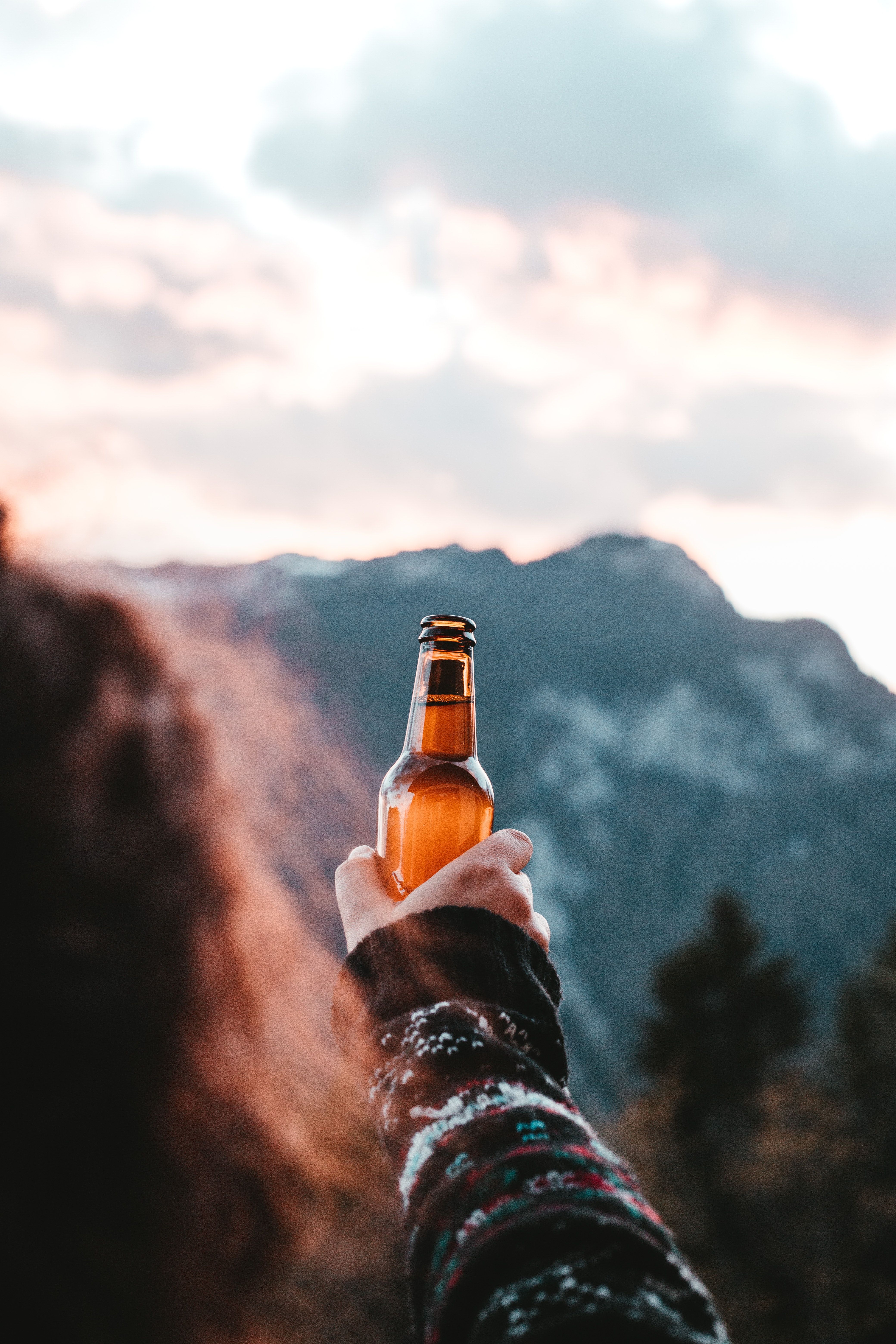 Bierflasche, Berge, Hand, Wanderung, Natur, Hochformat, QHD+, Hintergrundbild fürs Handy