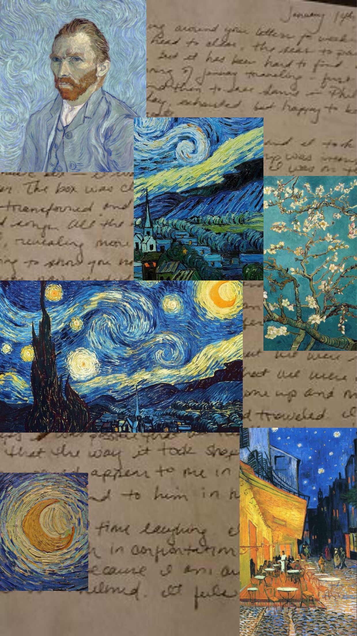 Vincent van Gogh, Selbstbildnis, Sternennacht, Caféterrasse am Abend, Collage, Briefe, Handy-Hintergrund