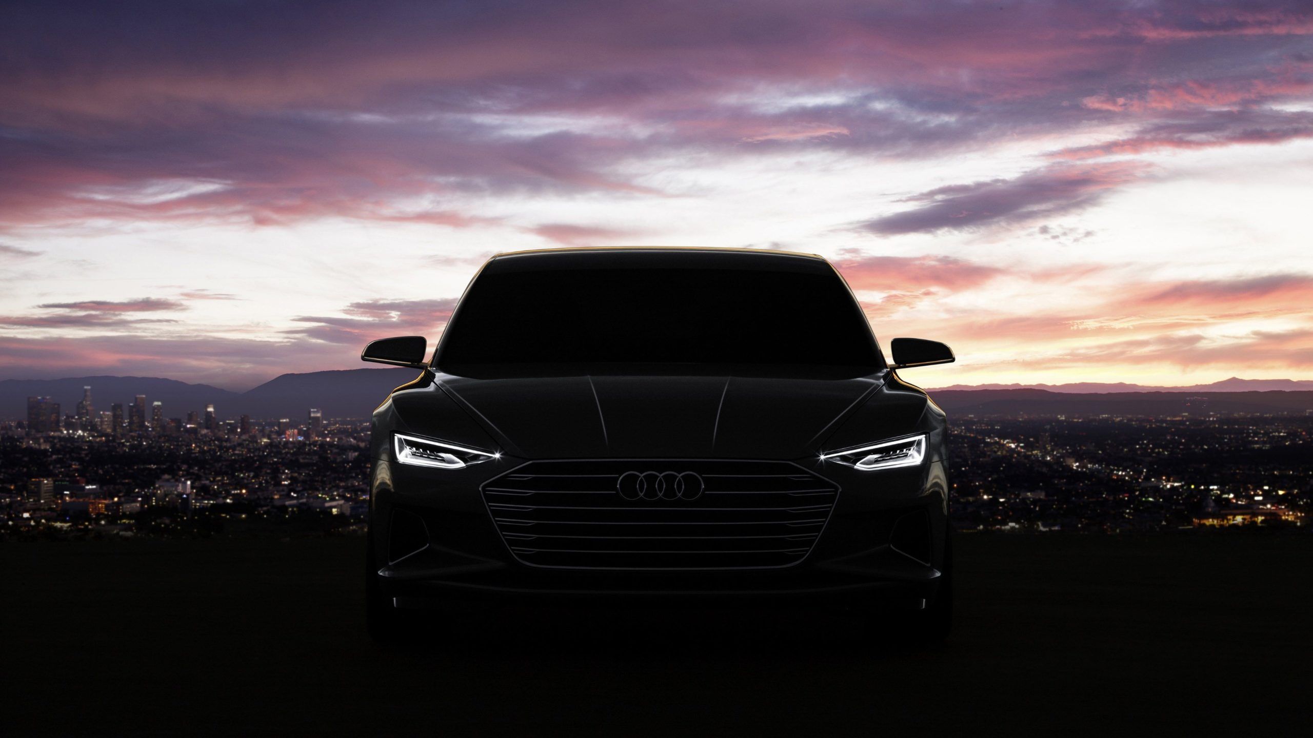 Audi A7, Silhouette, Stadtlichter, Dämmerung, Lila Himmel, 2K, Laptop-Hintergrundbild