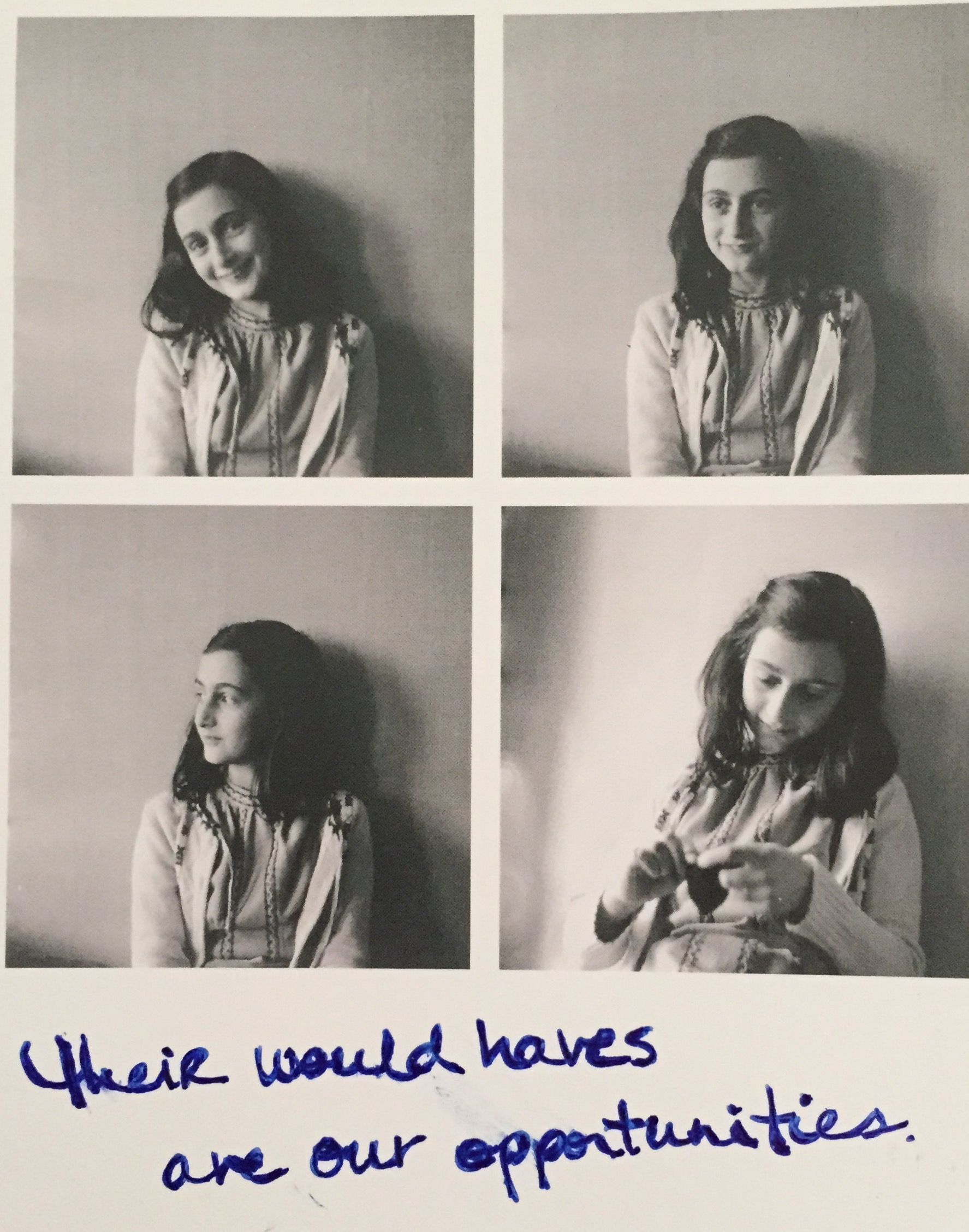 Anne Frank, Fotostreifen, Handschrift, Zitat, Schwarz-Weiß, Hintergrundbild fürs Tablet