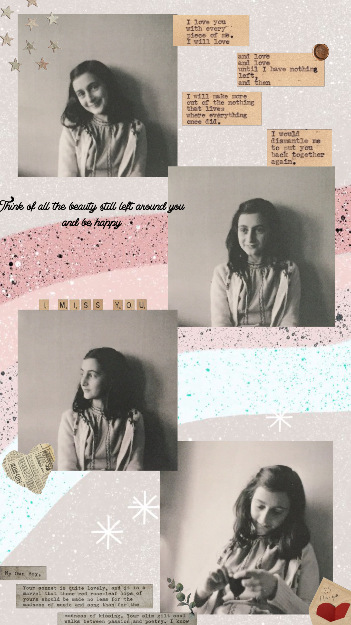 Anne Frank, Collage, Fotos, Zitate, Pastell, QHD+, Handy-Hintergrund im Hochformat
