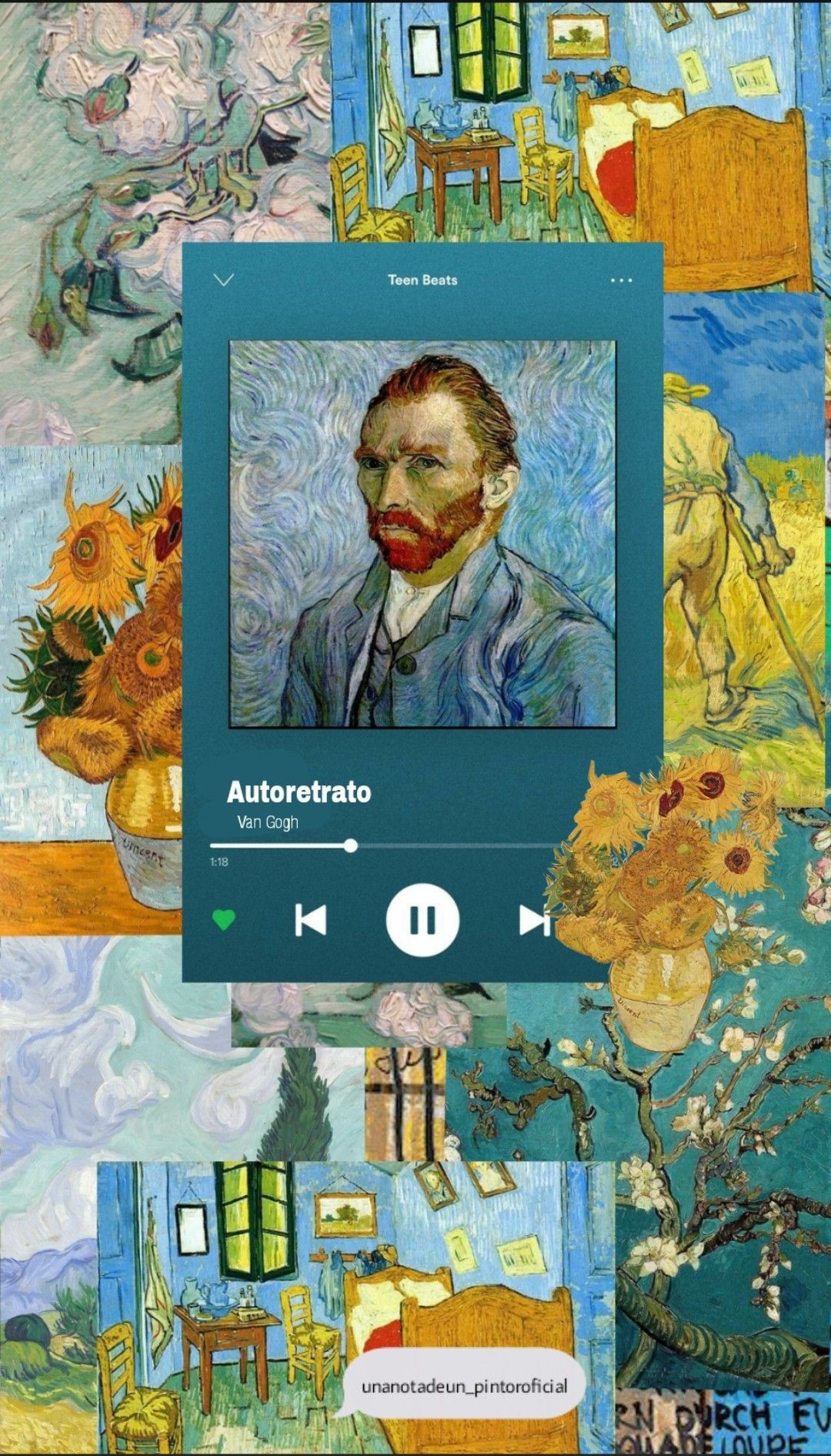 Vincent van Gogh, Selbstbildnis, Musikplayer, Sonnenblumen, Collage, Full HD, Handy-Hintergrund