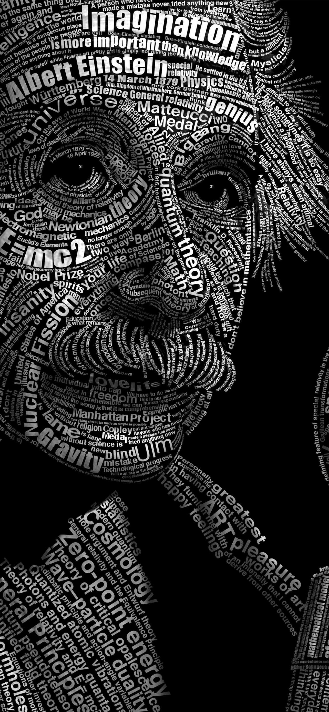 Albert Einstein, Typografie-Porträt, Imagination, Schwarzweiß, Full HD, Handy-Hintergrund