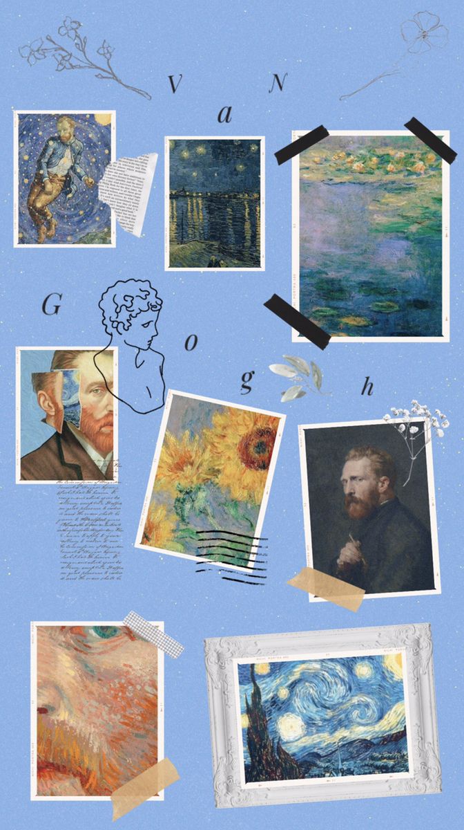 Vincent van Gogh, Sternennacht, Moodboard, Polaroids, Hellblau, Hintergrundbild fürs Handy