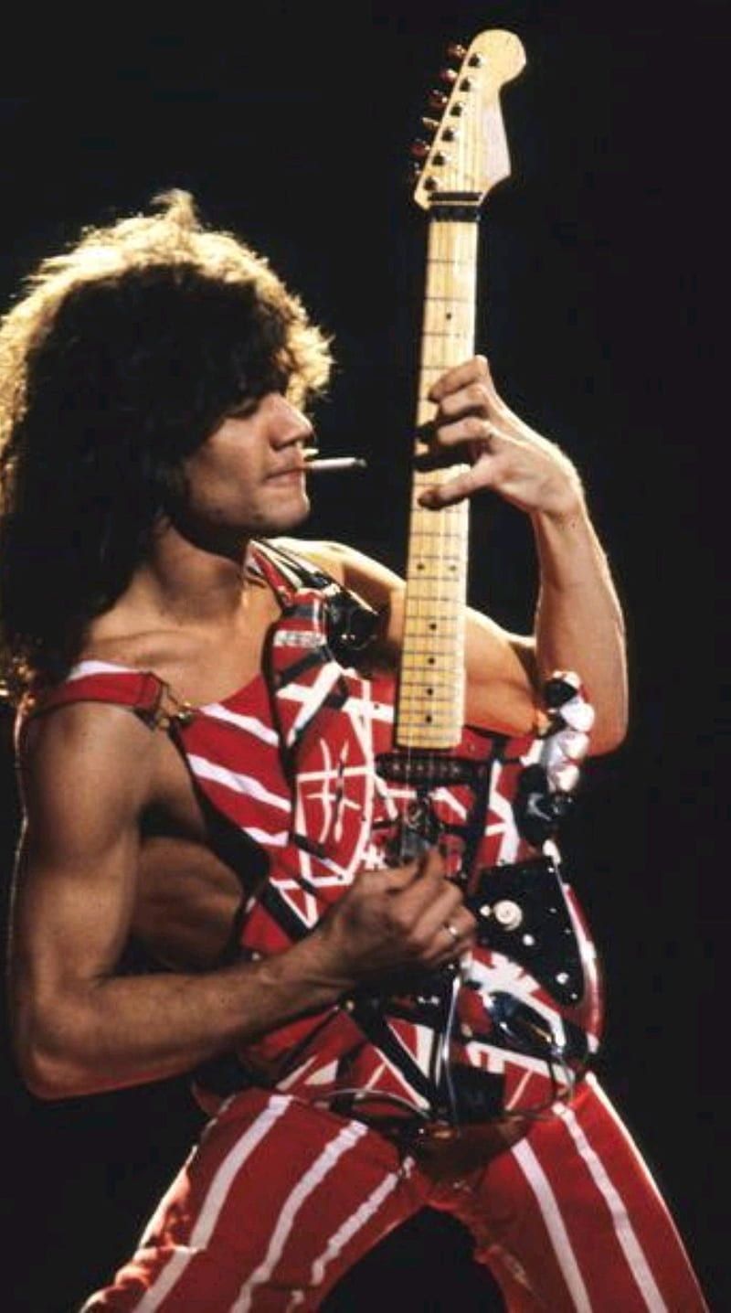 Eddie Van Halen, Frankenstrat, E-Gitarre, Gestreiftes Outfit, Zigarette, Rot-Weiß, Handy-Hintergrundbild