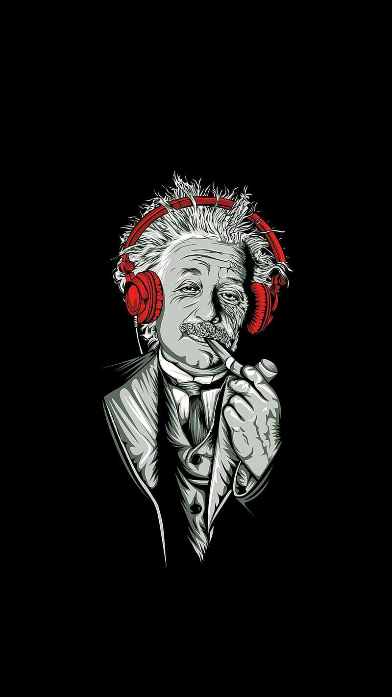 Albert Einstein, Kopfhörer, Illustration, Schwarzer Hintergrund, Sperrbildschirm fürs iPhone