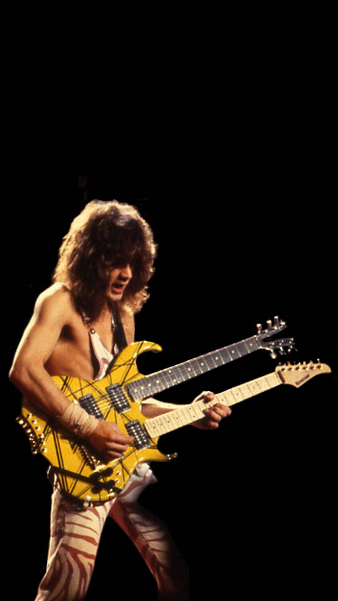 Eddie Van Halen, Doppelhalsgitarre, Gelbe Gitarre, Bühnenlicht, Konzert, 1080x1920, Handy-Hintergrund