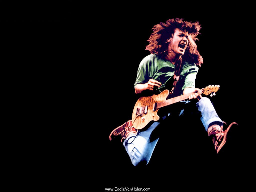 Eddie Van Halen, Luftsprung, E-Gitarre, Konzert, Lockige Haare, Hintergrundbild fürs Tablet