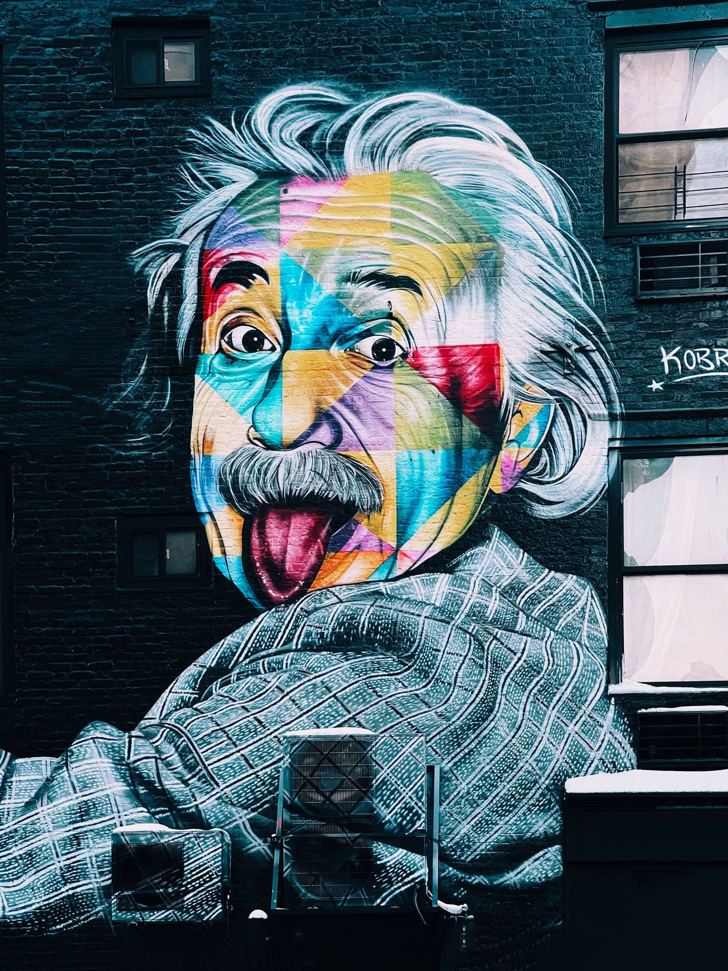 Albert Einstein, Herausgestreckte Zunge, Wandmalerei, Street-Art, Bunt, QHD+, iPad-Hintergrundbild