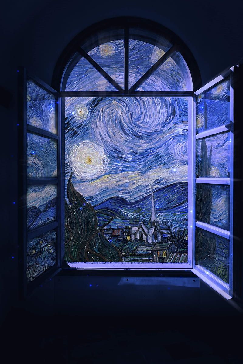 Sternennacht, Fenster, Nacht, Digitale Kunst, Blau, Hintergrundbild für iPad und Tablet