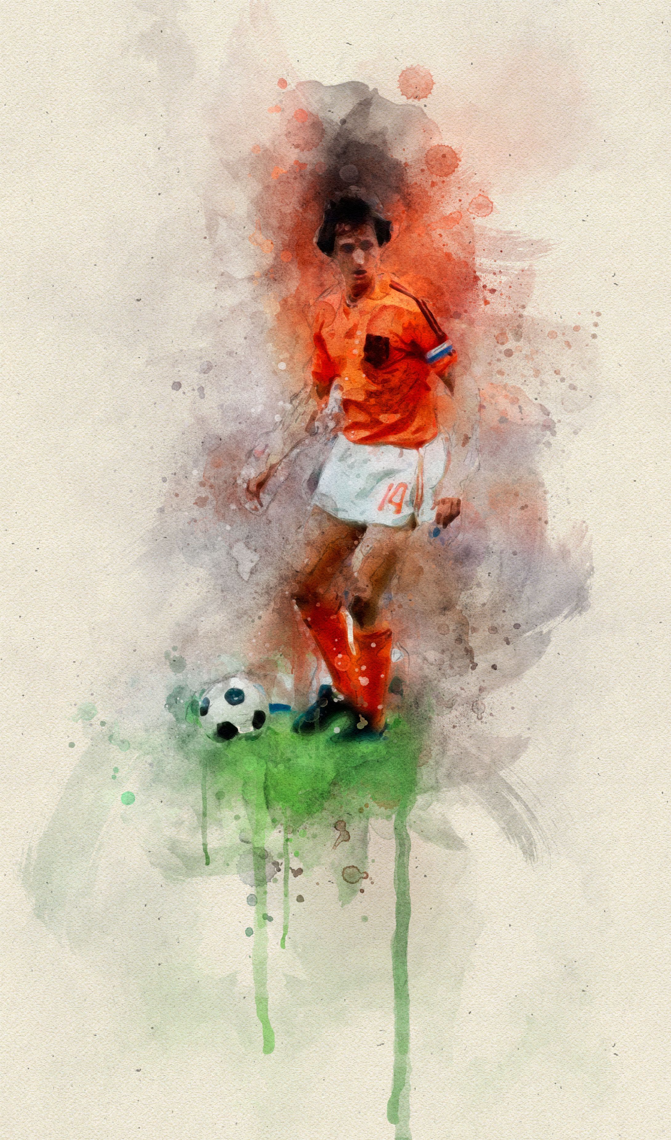 Johan Cruyff, Niederlande, Aquarell, Digitale Kunst, Ball, Hintergrundbild fürs Handy