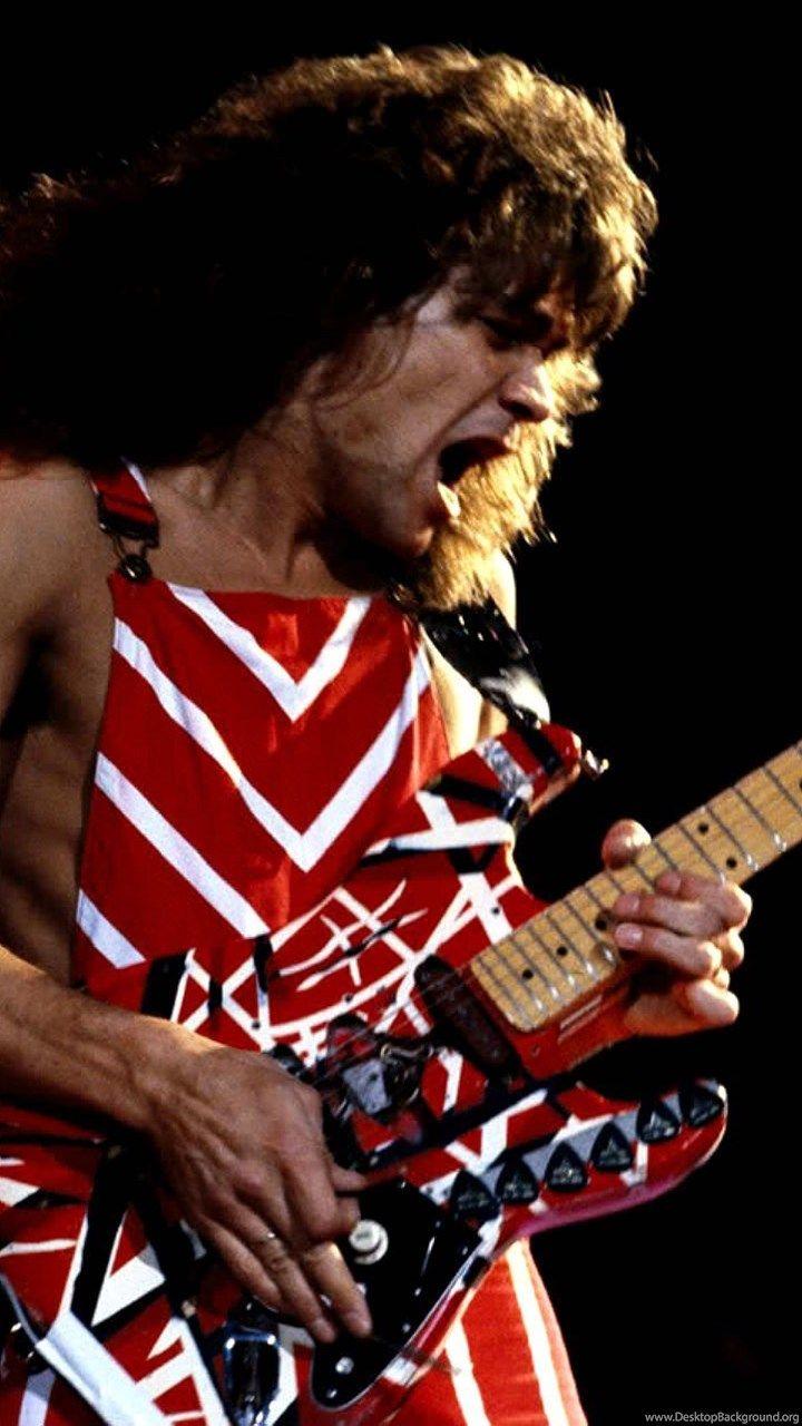Eddie Van Halen, Gestreiftes Outfit, Frankenstrat, Live-Auftritt, Rot-Weiß, HD, Handy-Hintergrundbild