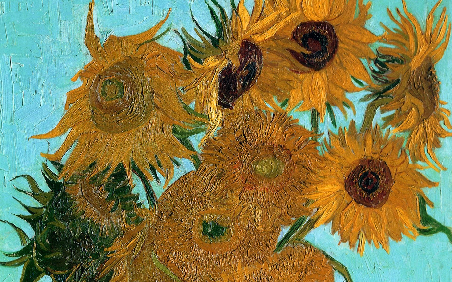 Sonnenblumen, Vincent van Gogh, Türkiser Hintergrund, Stillleben, Full HD Wallpaper