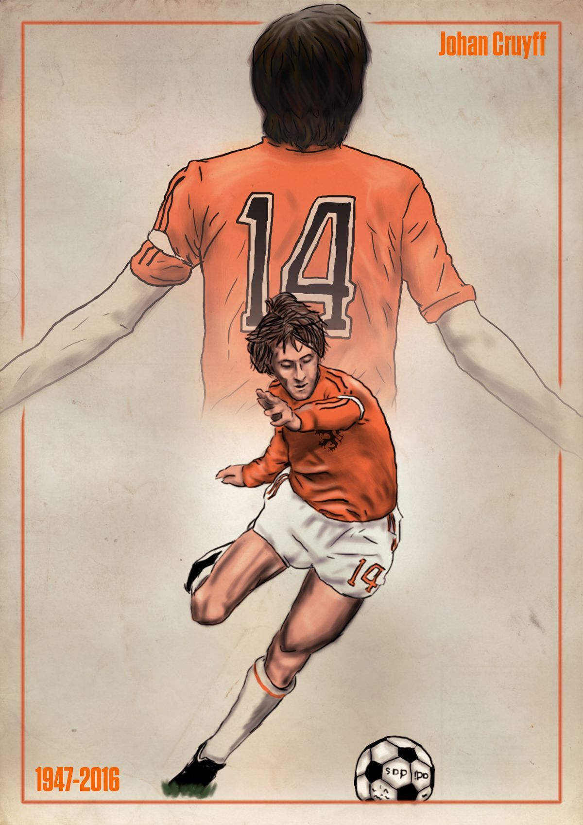 Johan Cruyff, Niederlande, Rückennummer 14, Illustration, Vintage-Poster, Full HD, Tablet-Hintergrund