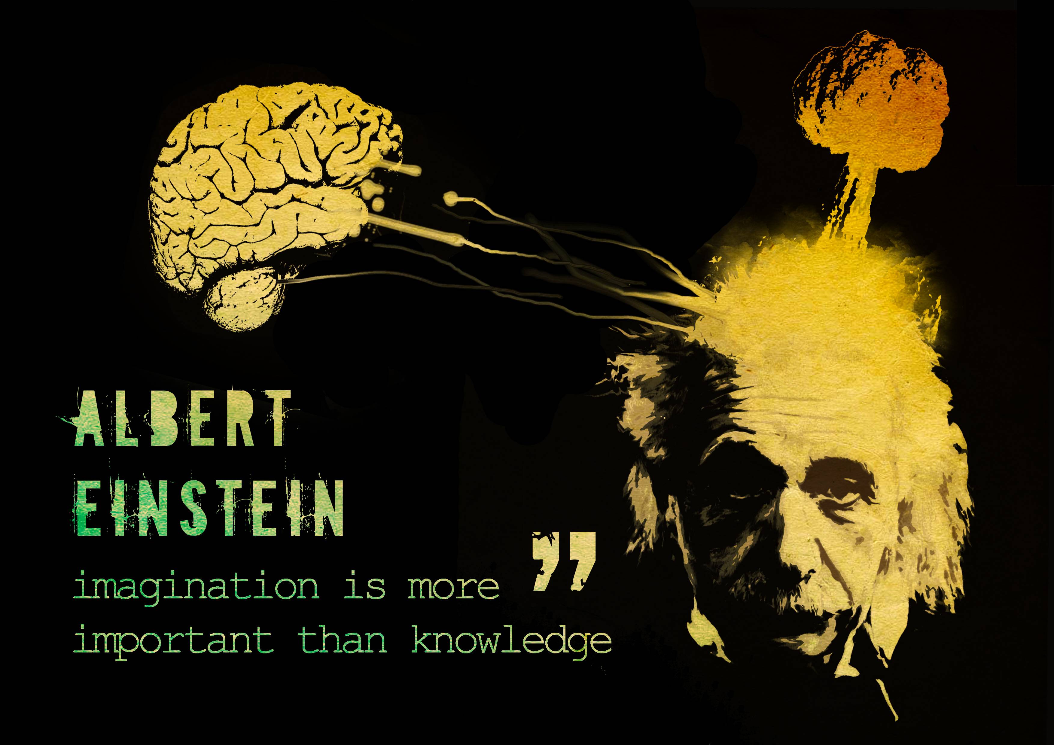 Albert Einstein, Zitat, Fantasie ist wichtiger als Wissen, Gehirn, Gelb, 2K, PC-Hintergrundbild