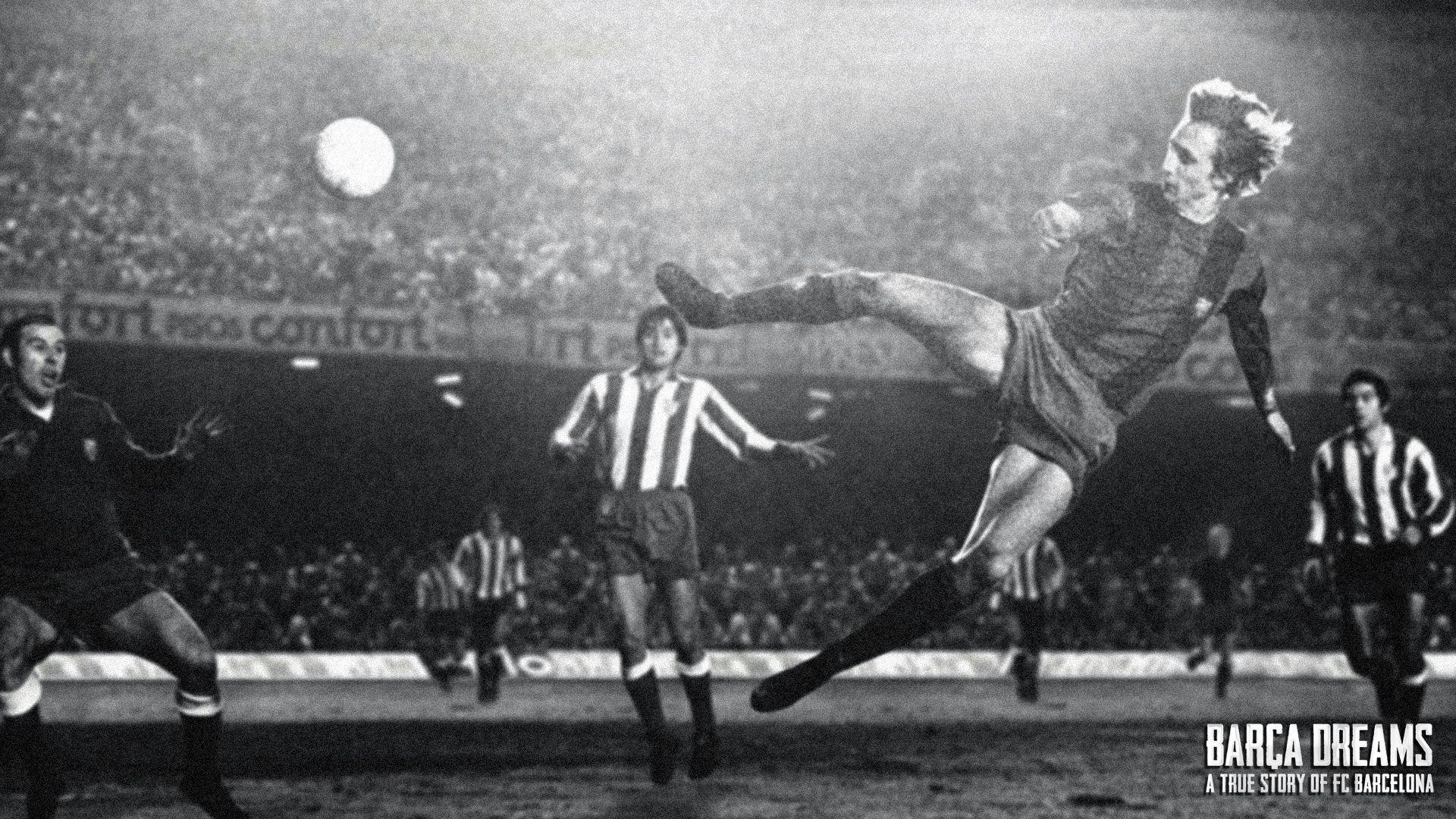 Johan Cruyff, FC Barcelona, Fallrückzieher, Barça Dreams, Schwarz-Weiß, Full HD, Laptop-Hintergrundbild