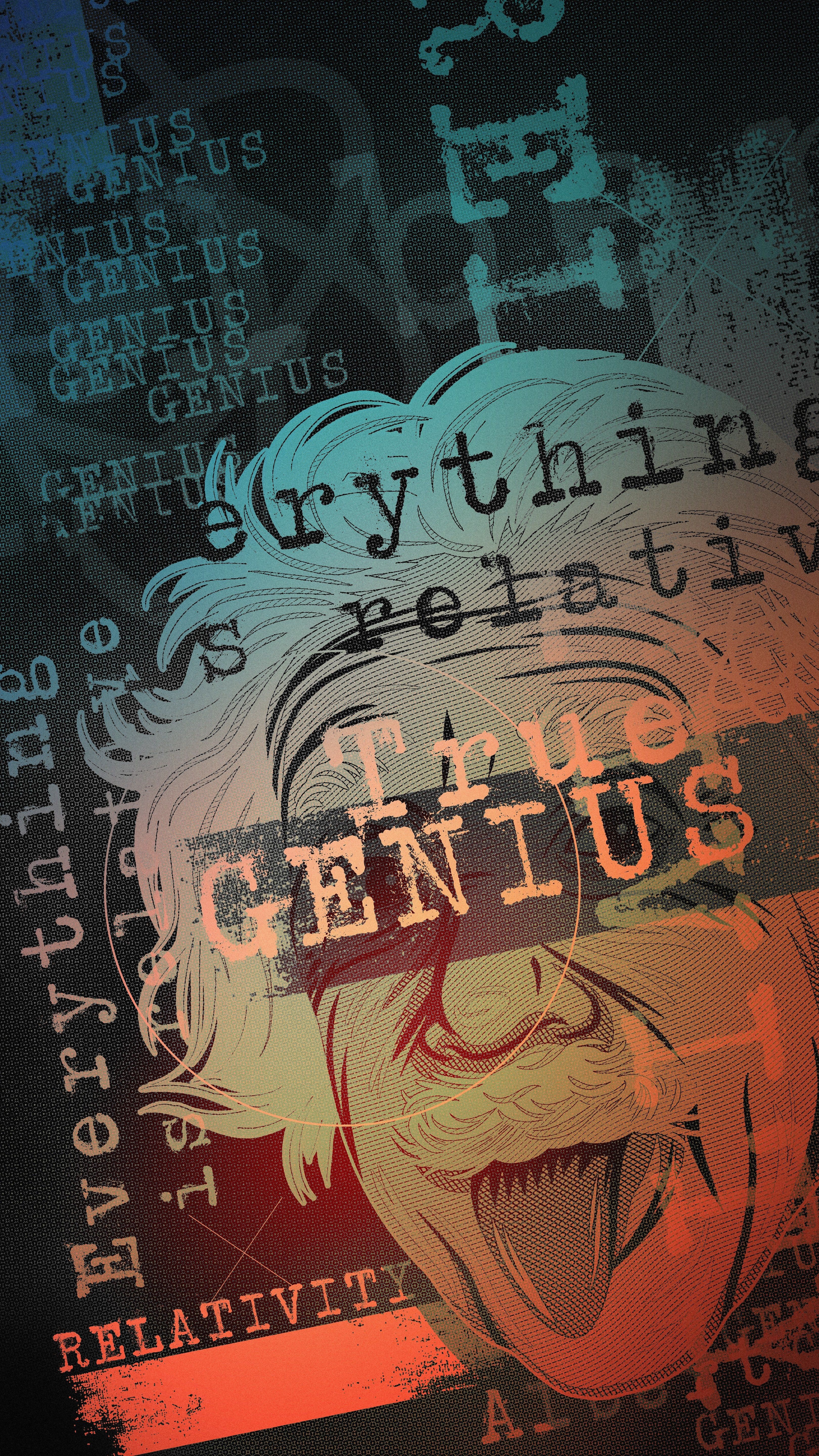 Albert Einstein, Genius, Relativität, Typografie, Collage, QHD+, Handy-Hintergrundbild