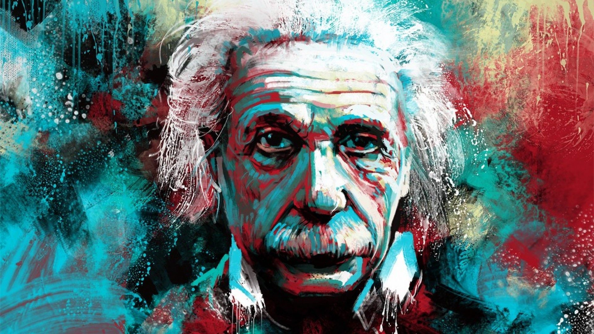 Albert Einstein, Porträt, Farbspritzer, Türkis, Rot, Malerei, Full HD, Windows-Hintergrundbild