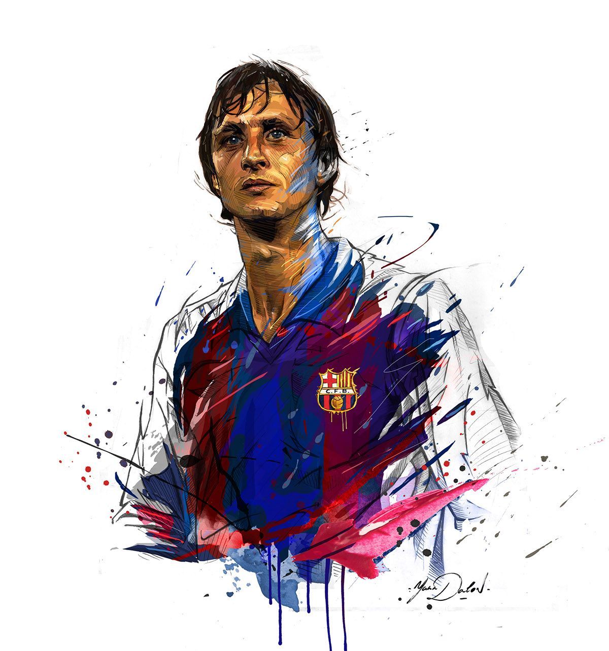 Johan Cruyff, FC Barcelona, Farbspritzer, Digitale Kunst, Porträt, Hintergrundbild fürs iPad