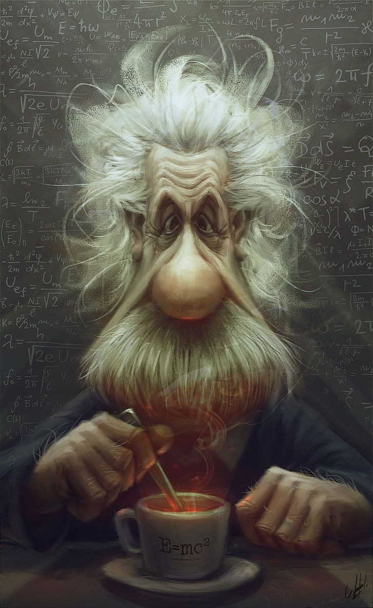 Albert Einstein, Karikatur, Kaffeetasse, Digitale Kunst, Wilde Haare, HD, Handy-Hintergrundbild