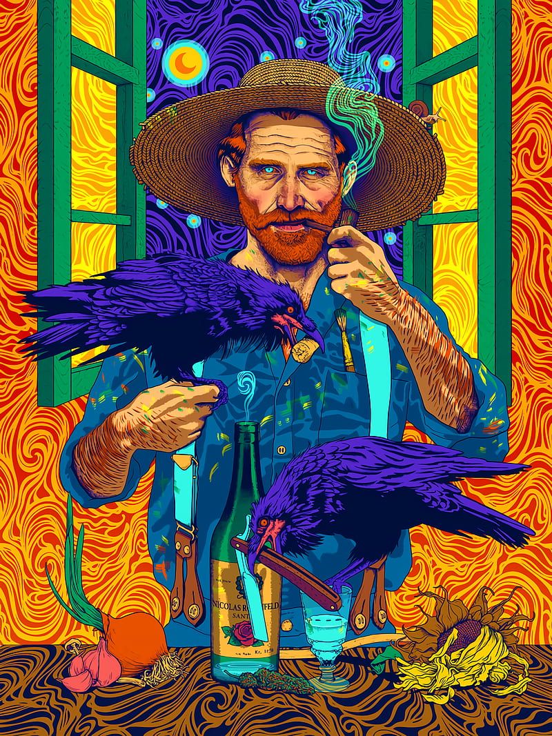Vincent van Gogh, Porträt, Raben, Strohhut, Bunt, Pop-Art, HD, iPad-Hintergrundbild