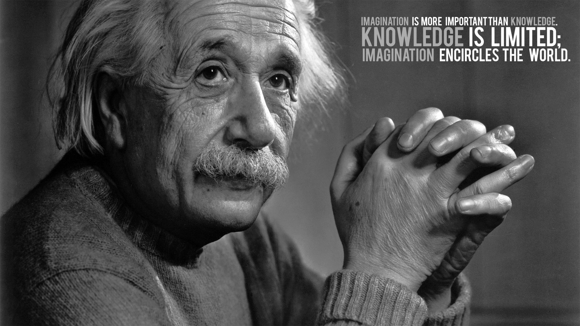 Albert Einstein, Zitat, Fantasie ist wichtiger als Wissen, Schwarzweiß, Gefaltete Hände, Full-HD-Hintergrundbild