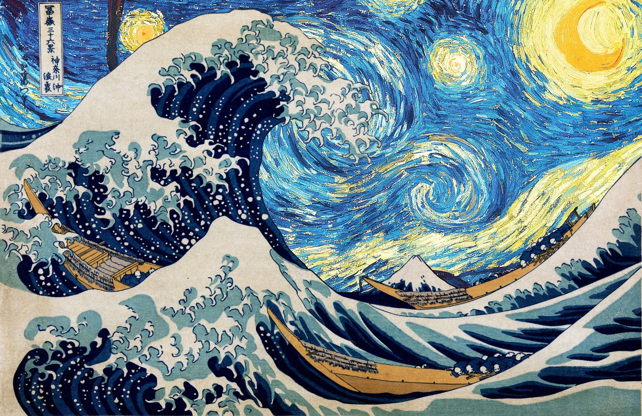 Die große Welle vor Kanagawa, Sternennacht, Hokusai, Mashup, Welle, 2K, Windows-Hintergrundbild