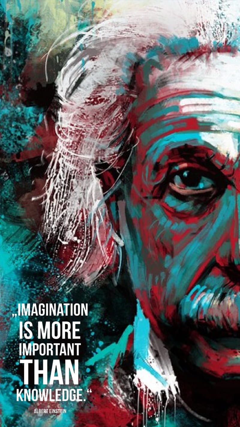 Albert Einstein, Fantasie ist wichtiger als Wissen, Farbspritzer, Türkis, Rot, iPhone-Hintergrundbild