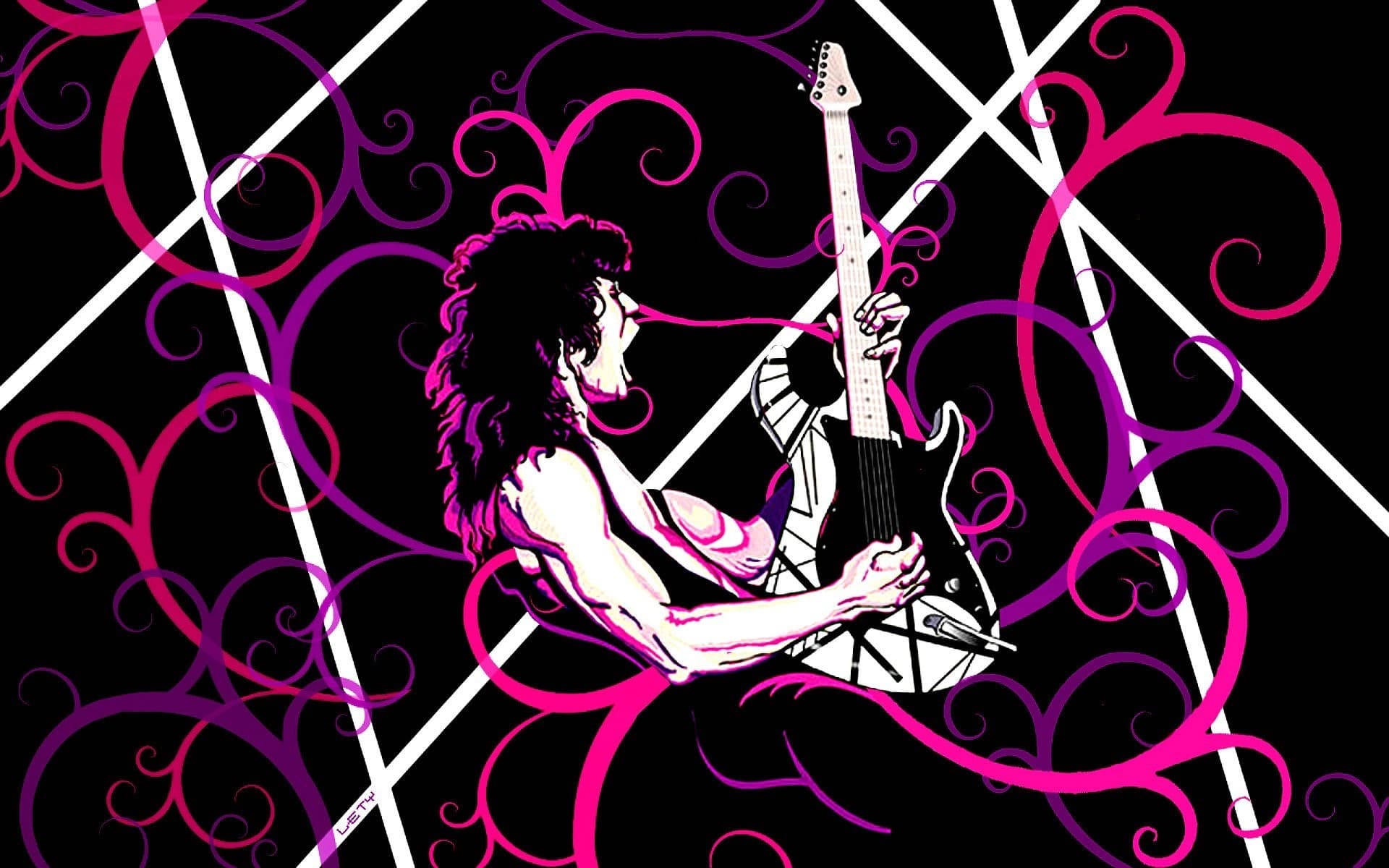 Eddie Van Halen, Illustration, Pinke Ornamente, Frankenstrat, Schwarzer Hintergrund, Full HD Wallpaper