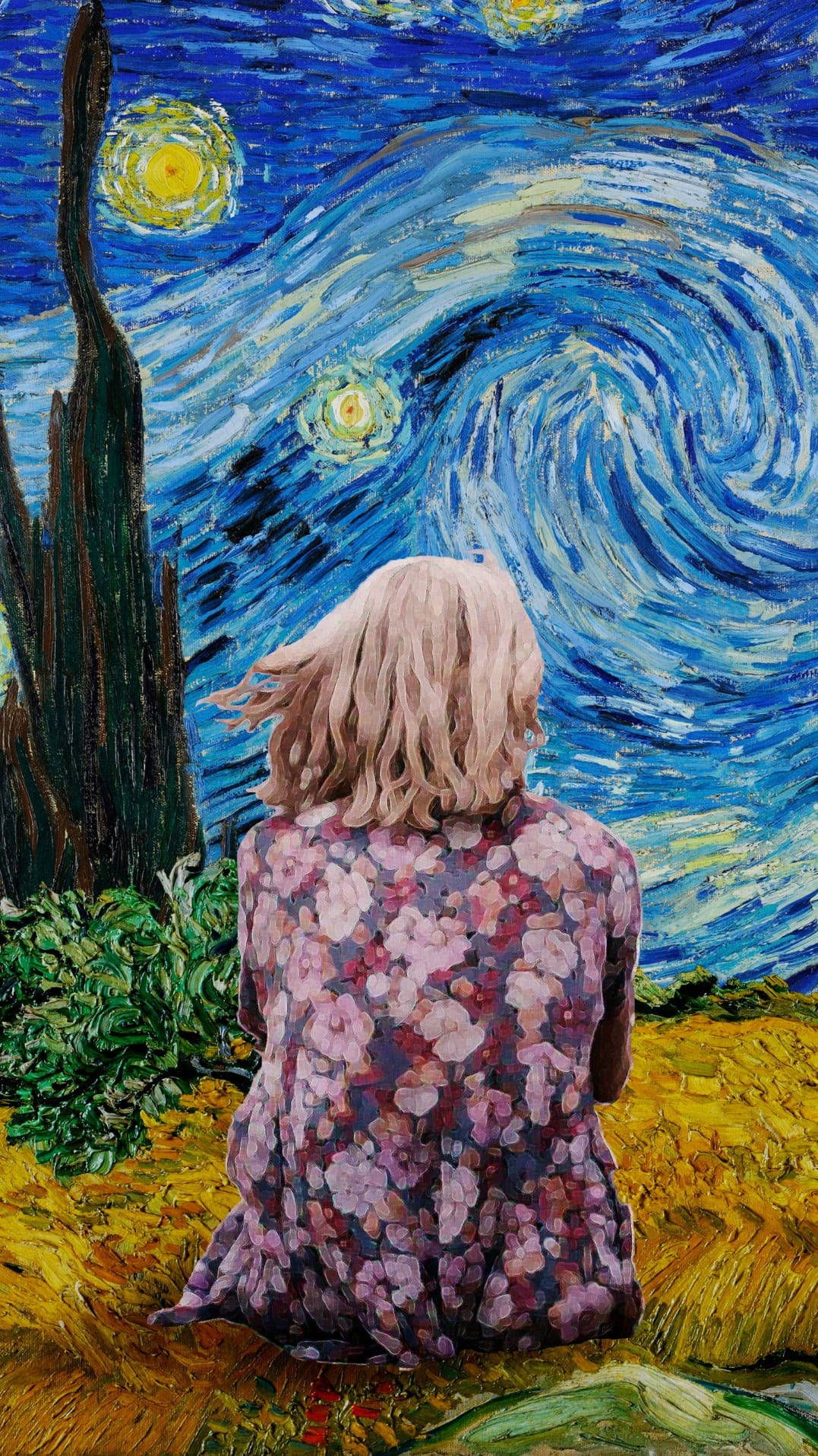 Sternennacht, Frau, Rückenansicht, Wiese, Kunstinterpretation, HD, iPhone-Hintergrundbild