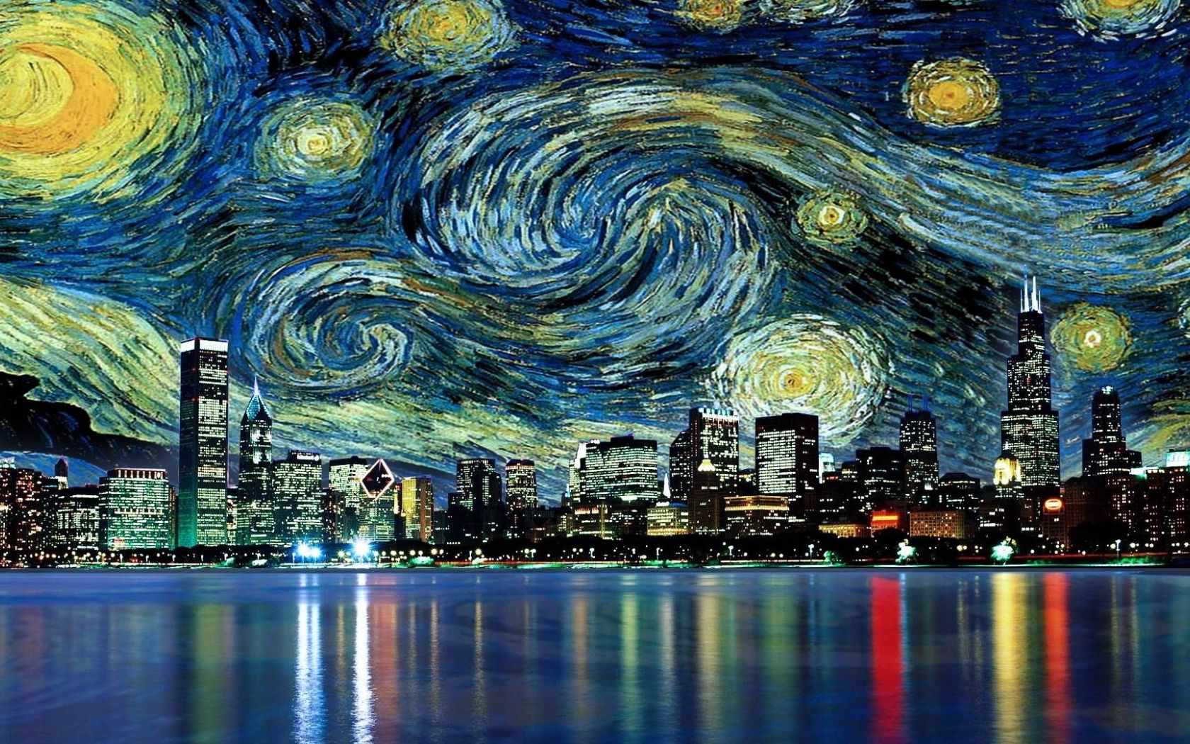 Sternennacht, Skyline, Chicago, Spiegelung, Mashup, HD, Desktop-Hintergrund für Windows