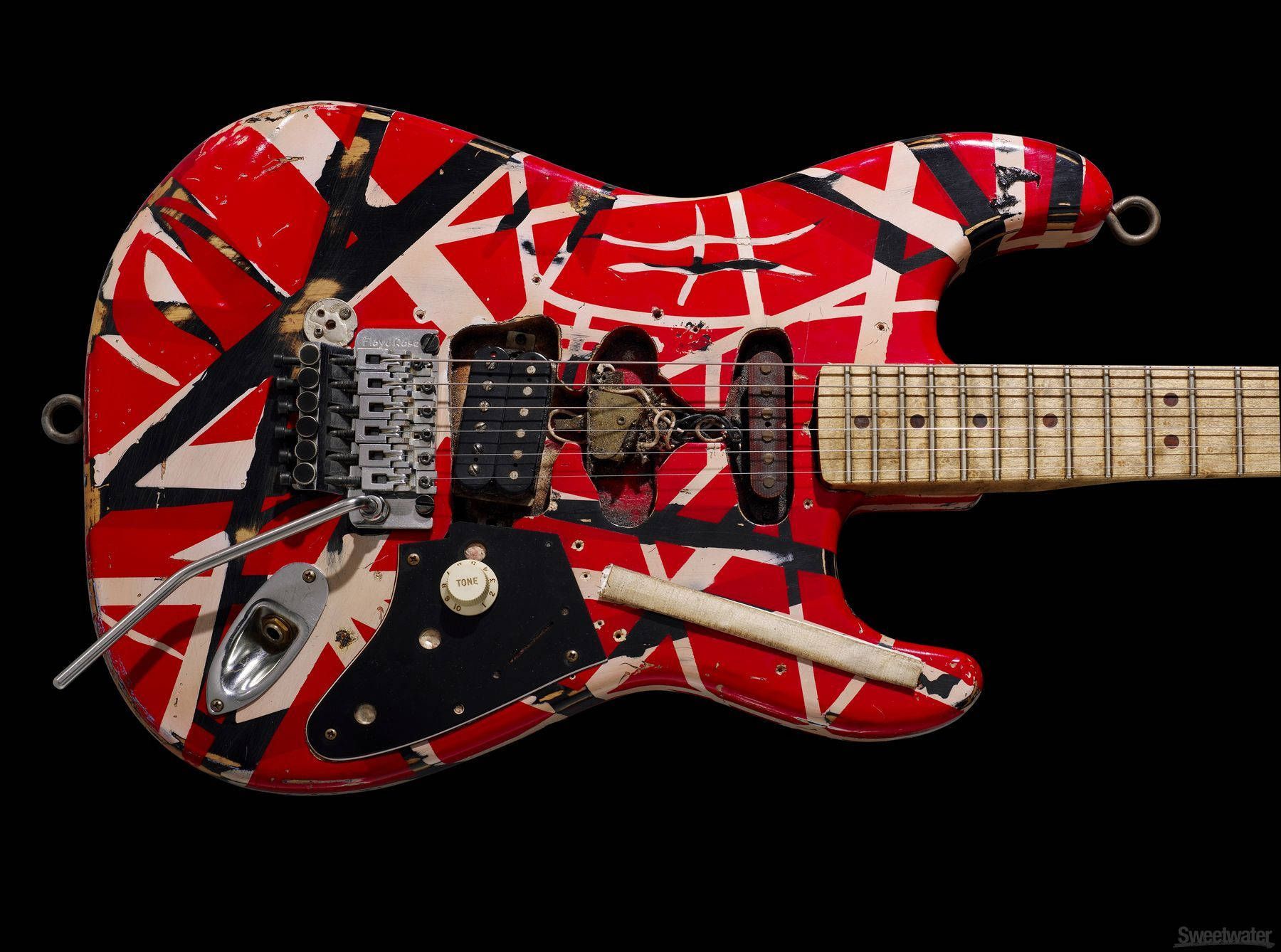 Frankenstrat, E-Gitarre, Rot-Weiß-Schwarz, Abgenutzt, Nahaufnahme, HD, Tablet-Hintergrund