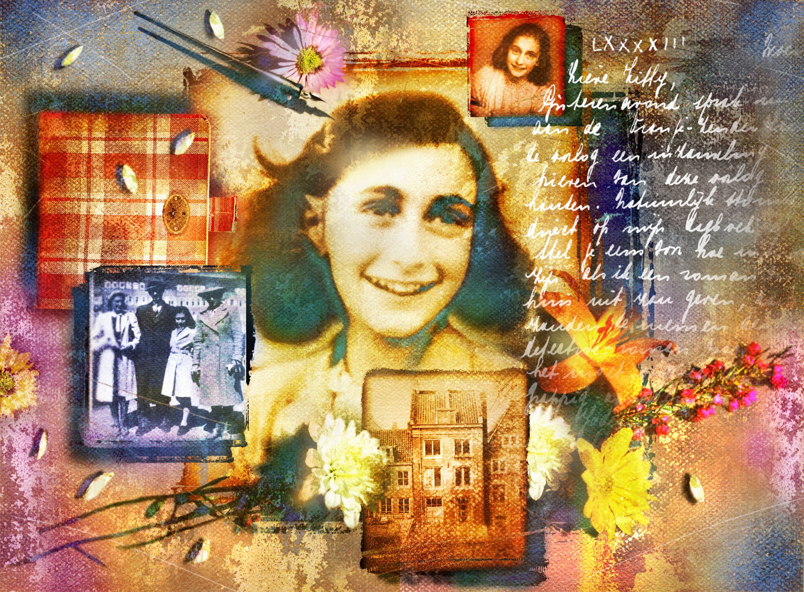 Anne Frank, Collage, Handschrift, Blumen, Mixed Media, Bunt, 2K, Windows-Hintergrundbild