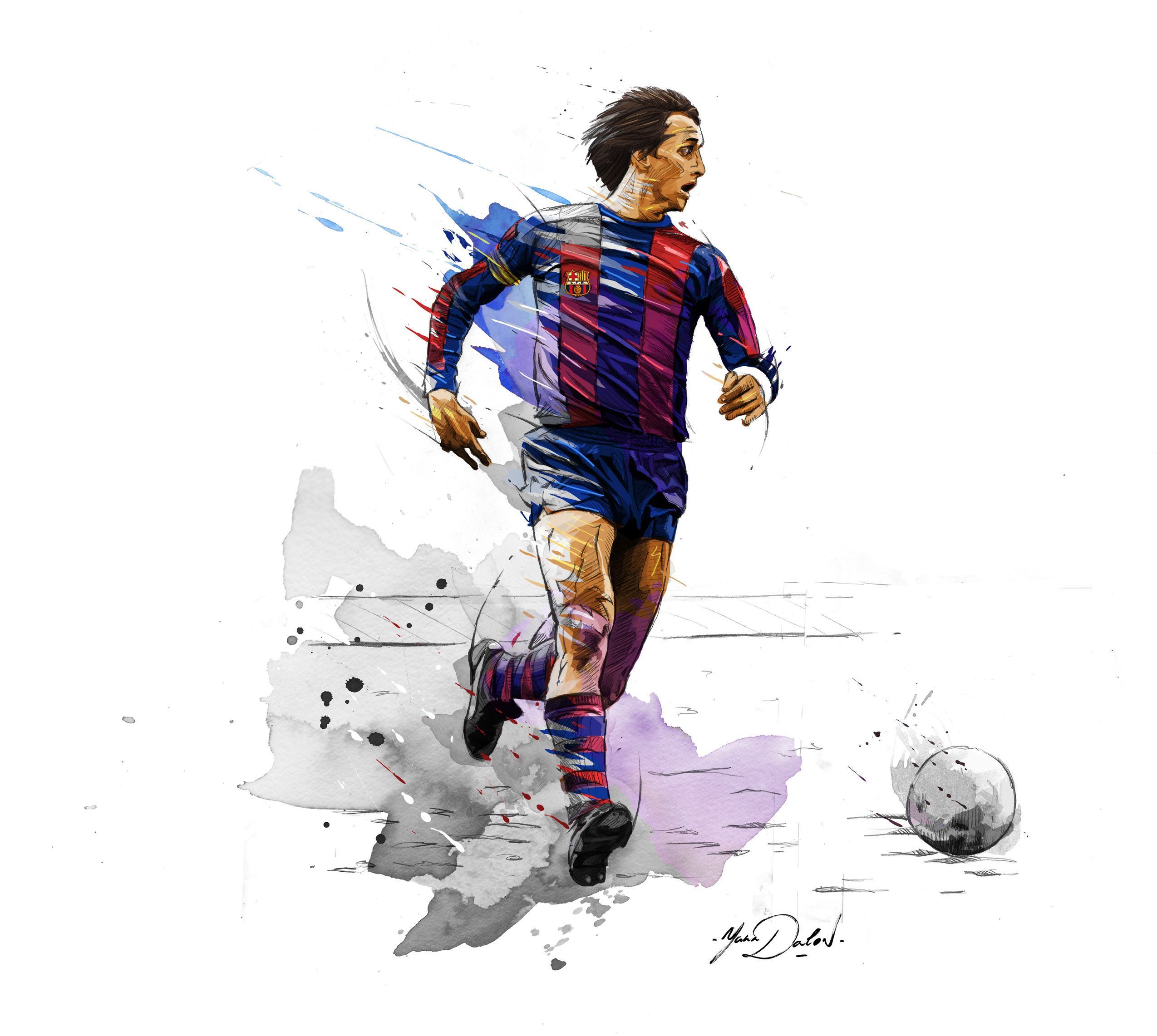 Johan Cruyff, FC Barcelona, Aquarell, Skizze, Ball, Full HD, Hintergrundbild fürs Tablet