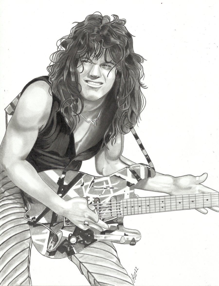 Eddie Van Halen, Bleistiftzeichnung, Porträt, E-Gitarre, Schwarz-Weiß, HD, iPad-Hintergrundbild