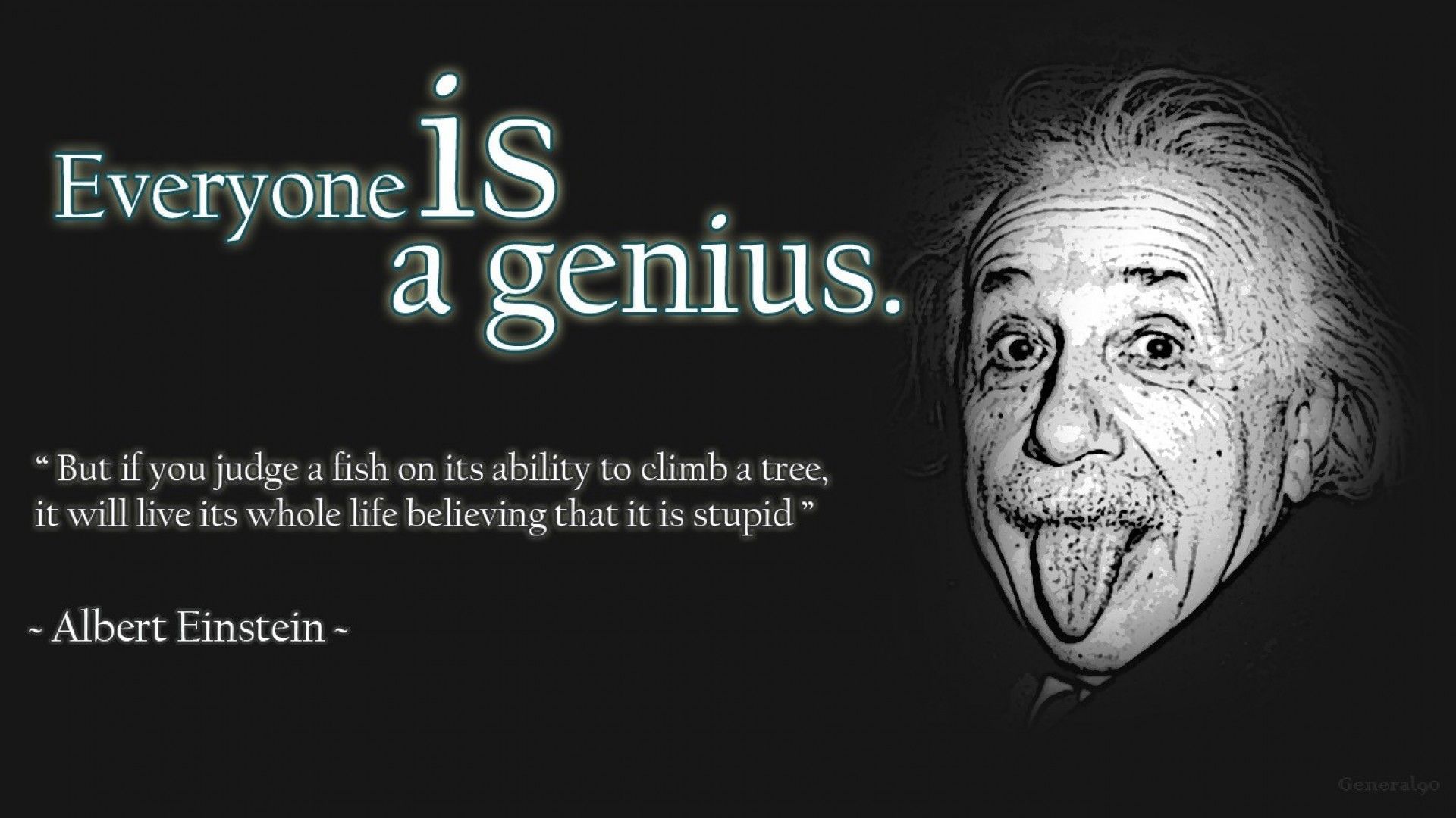 Albert Einstein, Everyone Is a Genius, Zitat, Herausgestreckte Zunge, Schwarzer Hintergrund, 1080p Wallpaper