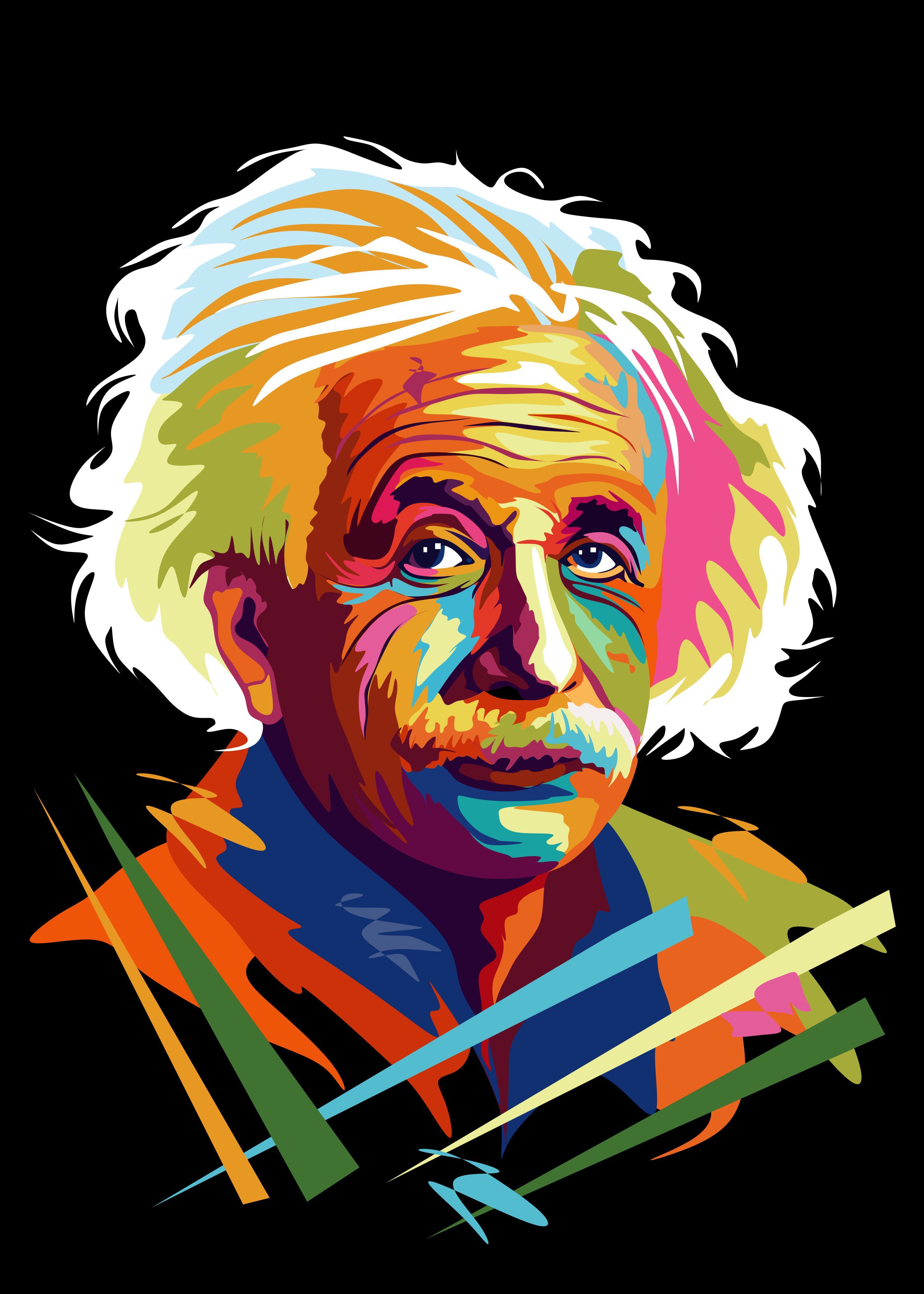 Albert Einstein, Pop-Art, Geometrisch, Bunt, Schwarzer Hintergrund, QHD+ Wallpaper