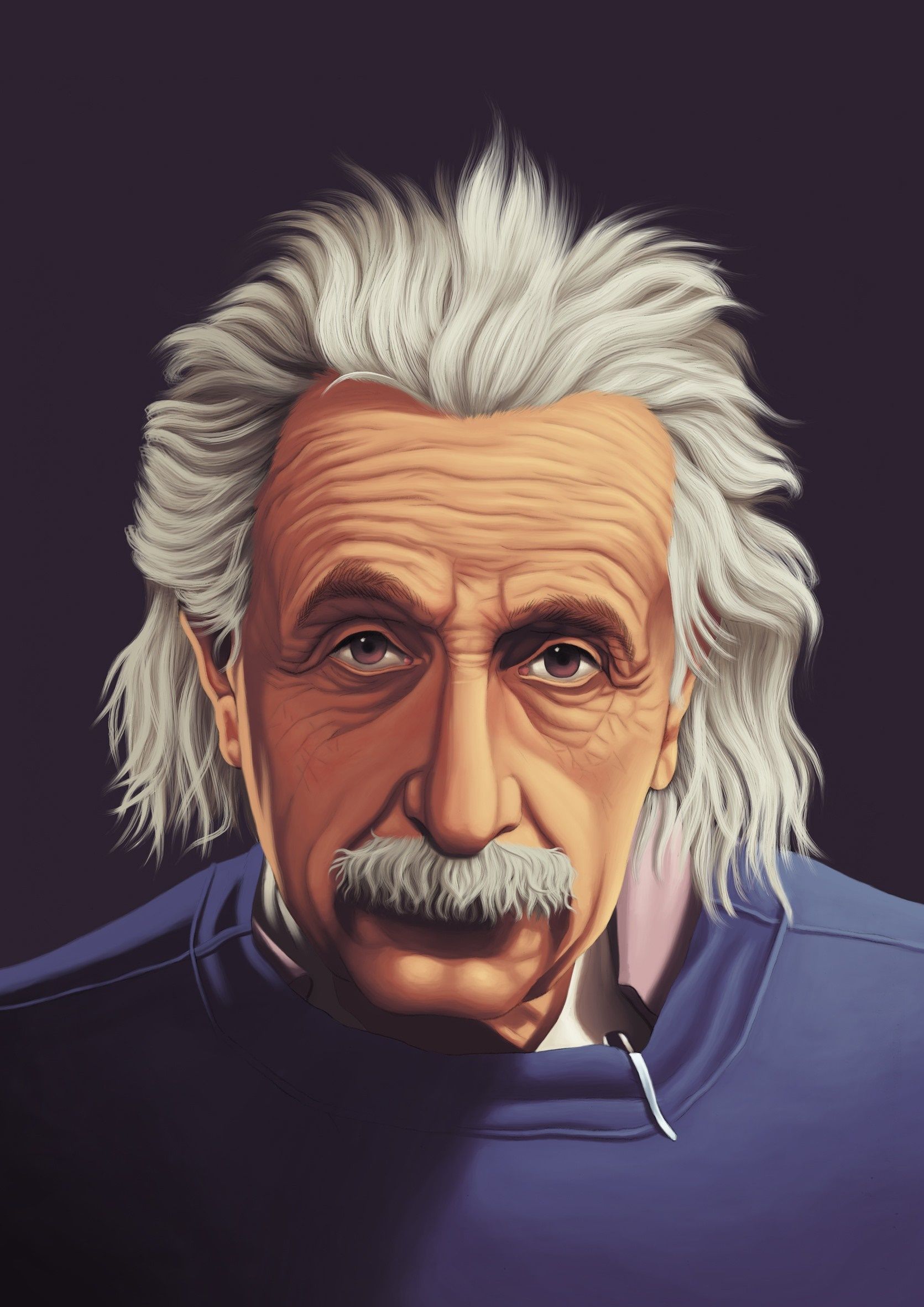 Albert Einstein, Digitales Porträt, Blauer Pullover, Dunkler Hintergrund, QHD+ Wallpaper