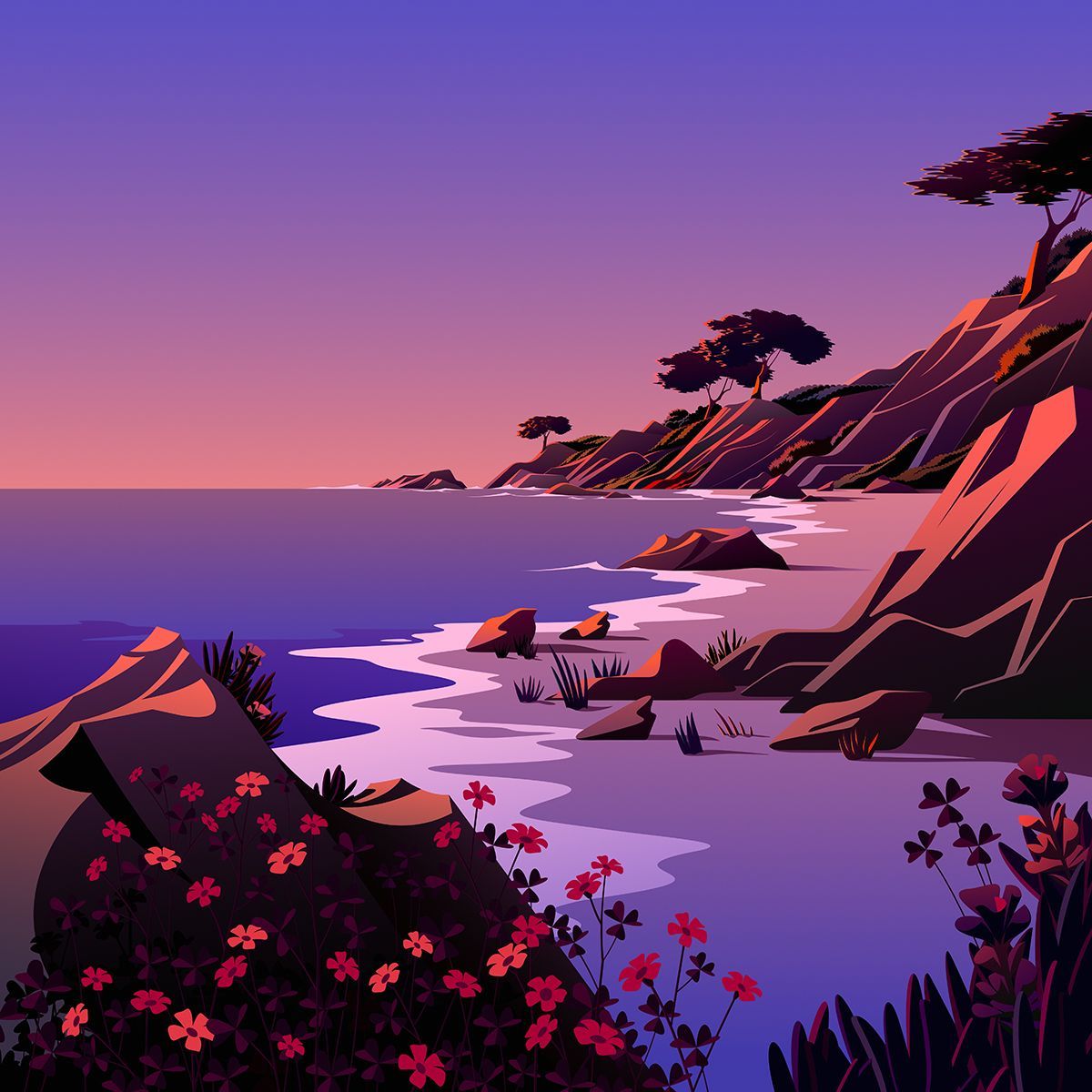 macOS Big Sur, Küste, Illustration, Abendrot, Lila, Hintergrundbild für iPad und Tablet