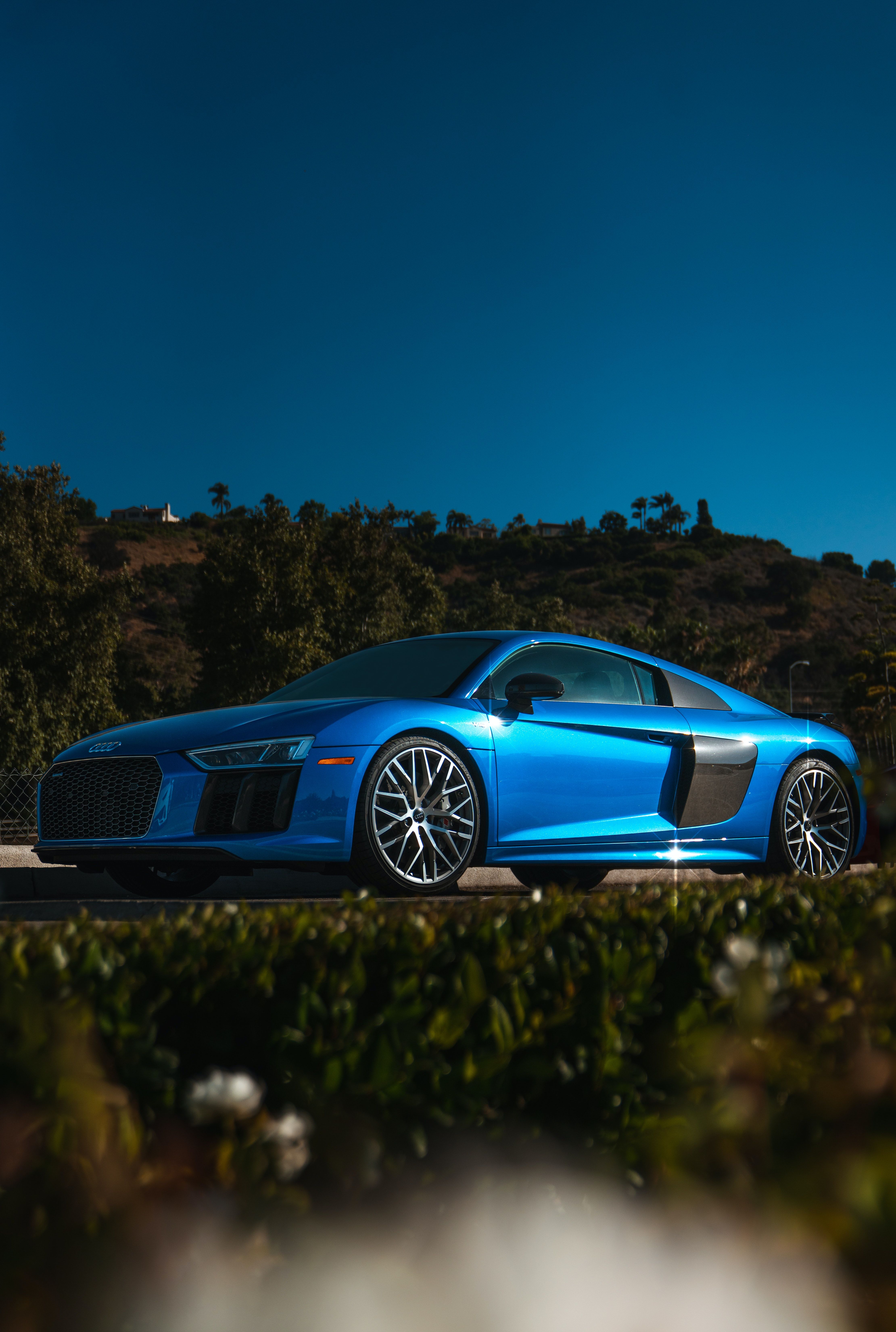 Audi R8, Blau, Landschaft, Blauer Himmel, Supersportwagen, QHD+, iPad-Hintergrundbild