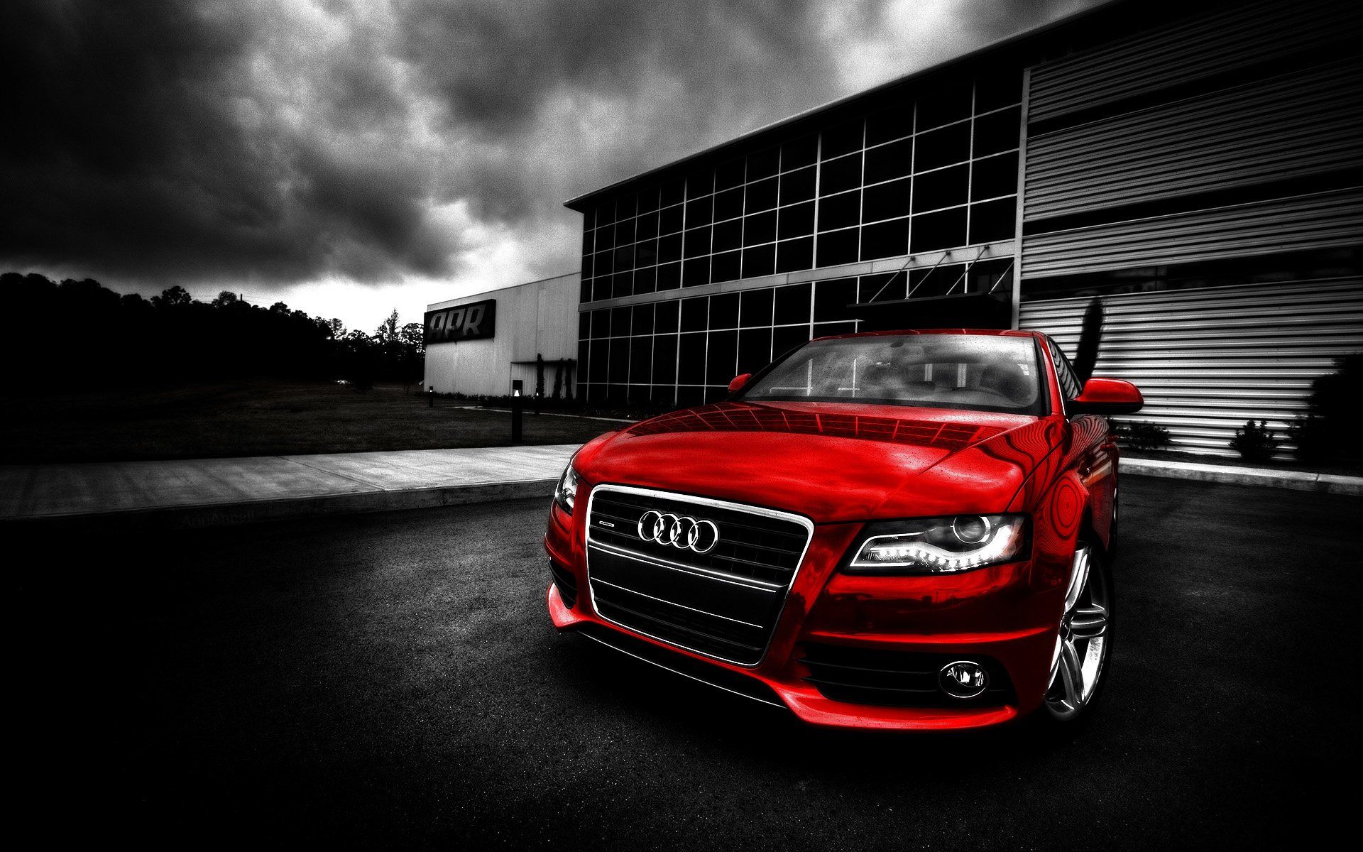 Audi A4, Rot, Schwarz-Weiß, Dramatischer Himmel, Limousine, Full-HD-Hintergrundbild für PC