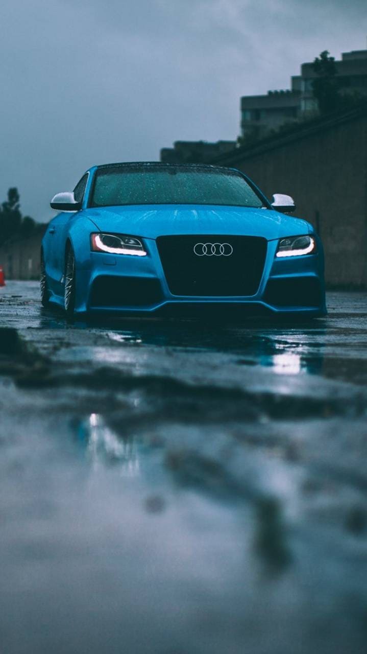 Audi S5, Blau, Spiegelung, Pfütze, Frontansicht, Hochformat, Hintergrundbild fürs Smartphone