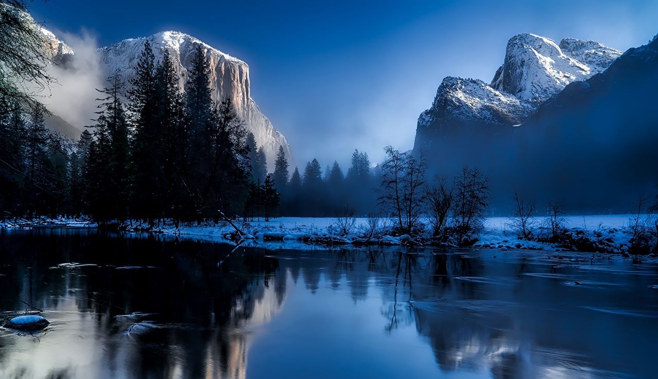 El Capitan, Yosemite-Nationalpark, Winter, Fluss, Spiegelung, Blaue Stunde, HD, Desktop-Hintergrund