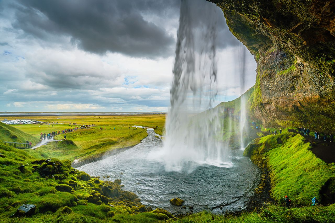 Seljalandsfoss, Island, Wasserfall, Grüne Landschaft, Höhle, Wolken, HD, Laptop-Hintergrundbild