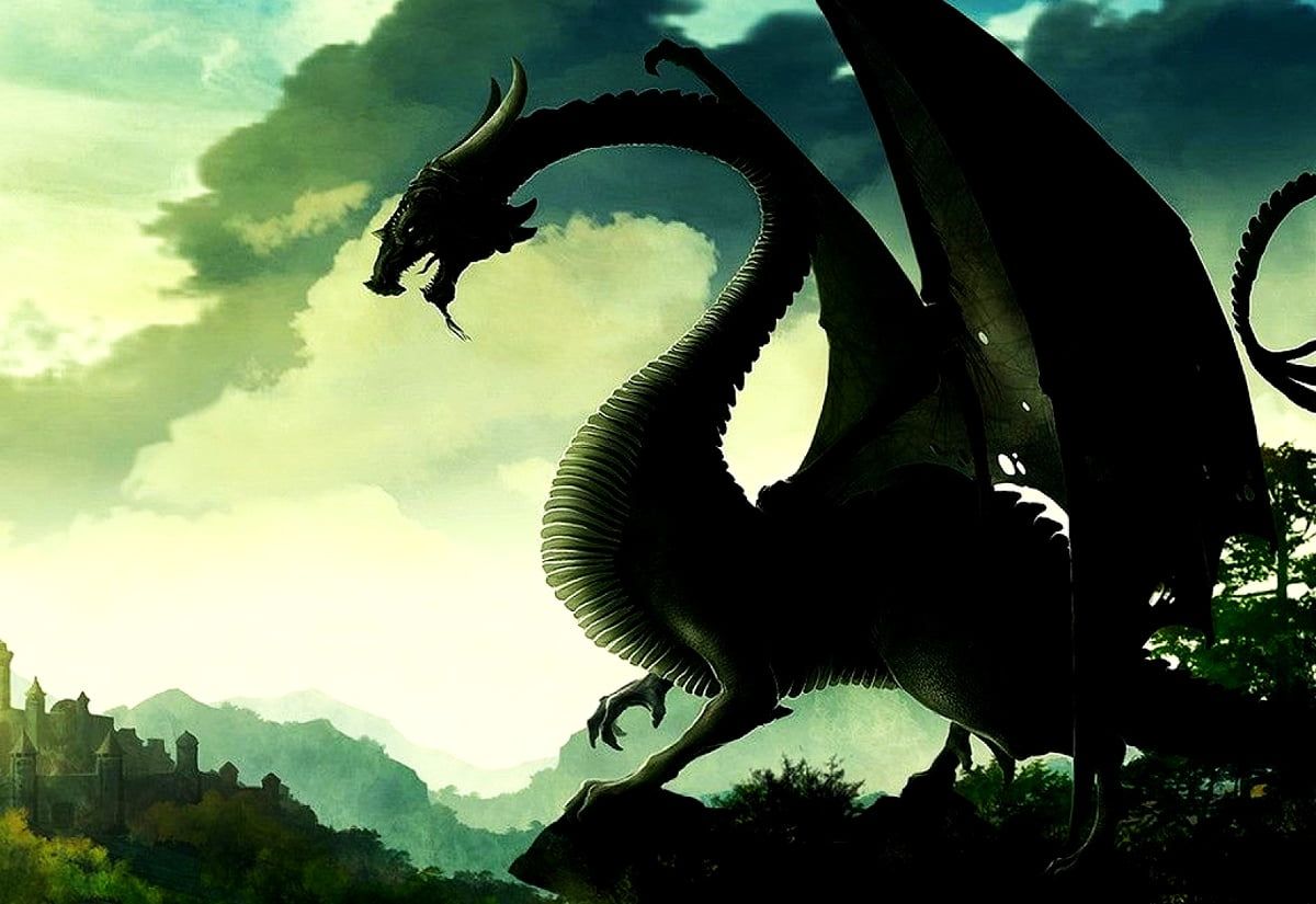 Drache, Silhouette, Grüner Himmel, Berge, Wolken, Hintergrundbild