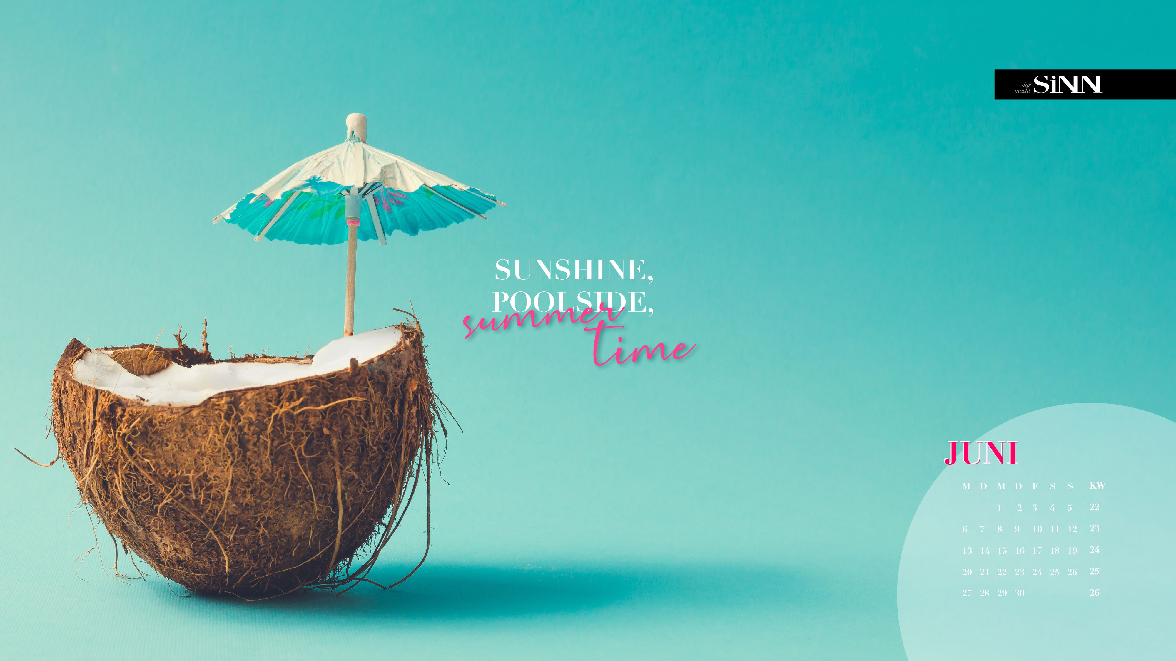 Kalender, Juni, Kokosnuss, Cocktailschirm, Sommer, Türkiser Hintergrund, 4K Wallpaper